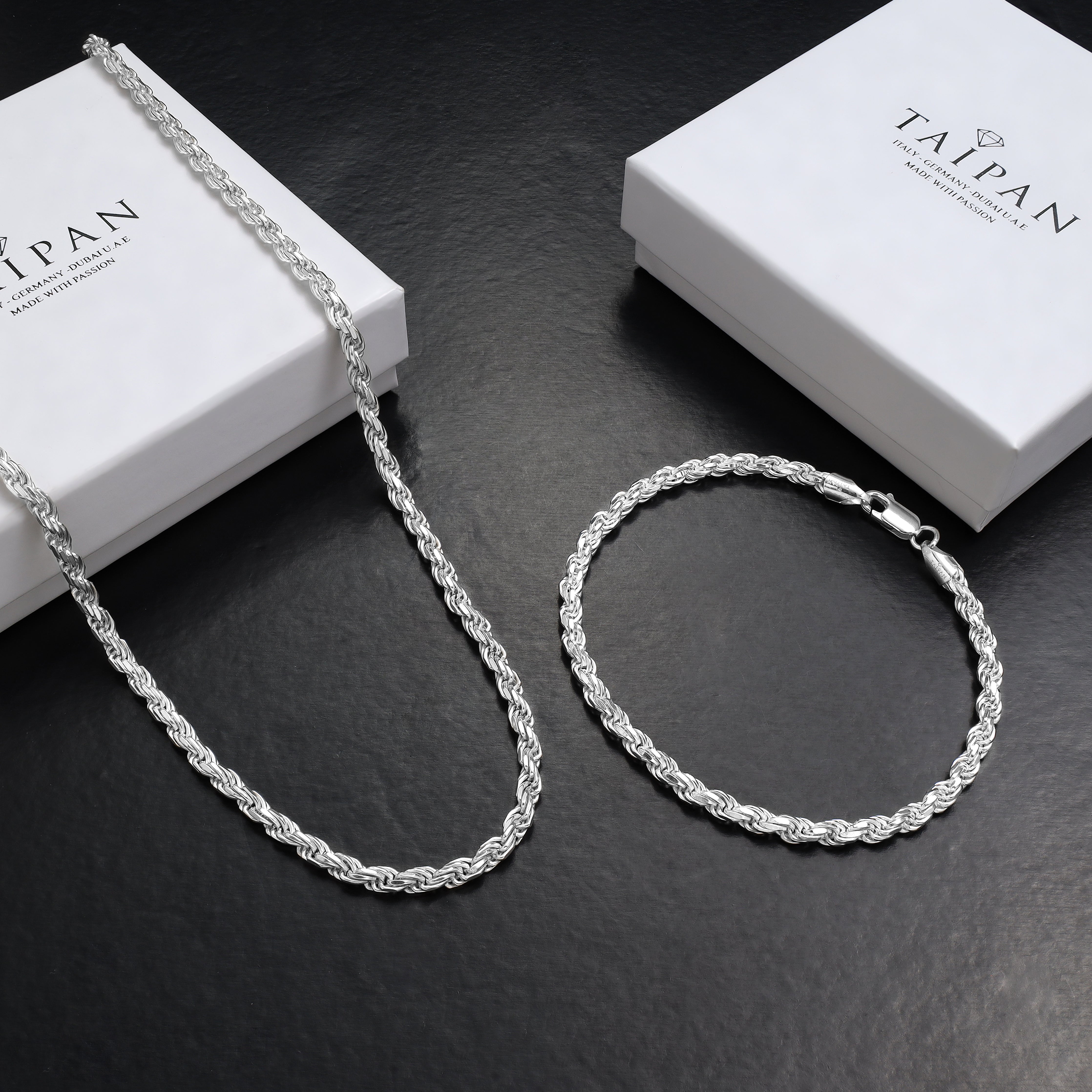 Set - Kordelkette 3,5mm - Halskette + Armband aus 925 Silber - Taipan Schmuck