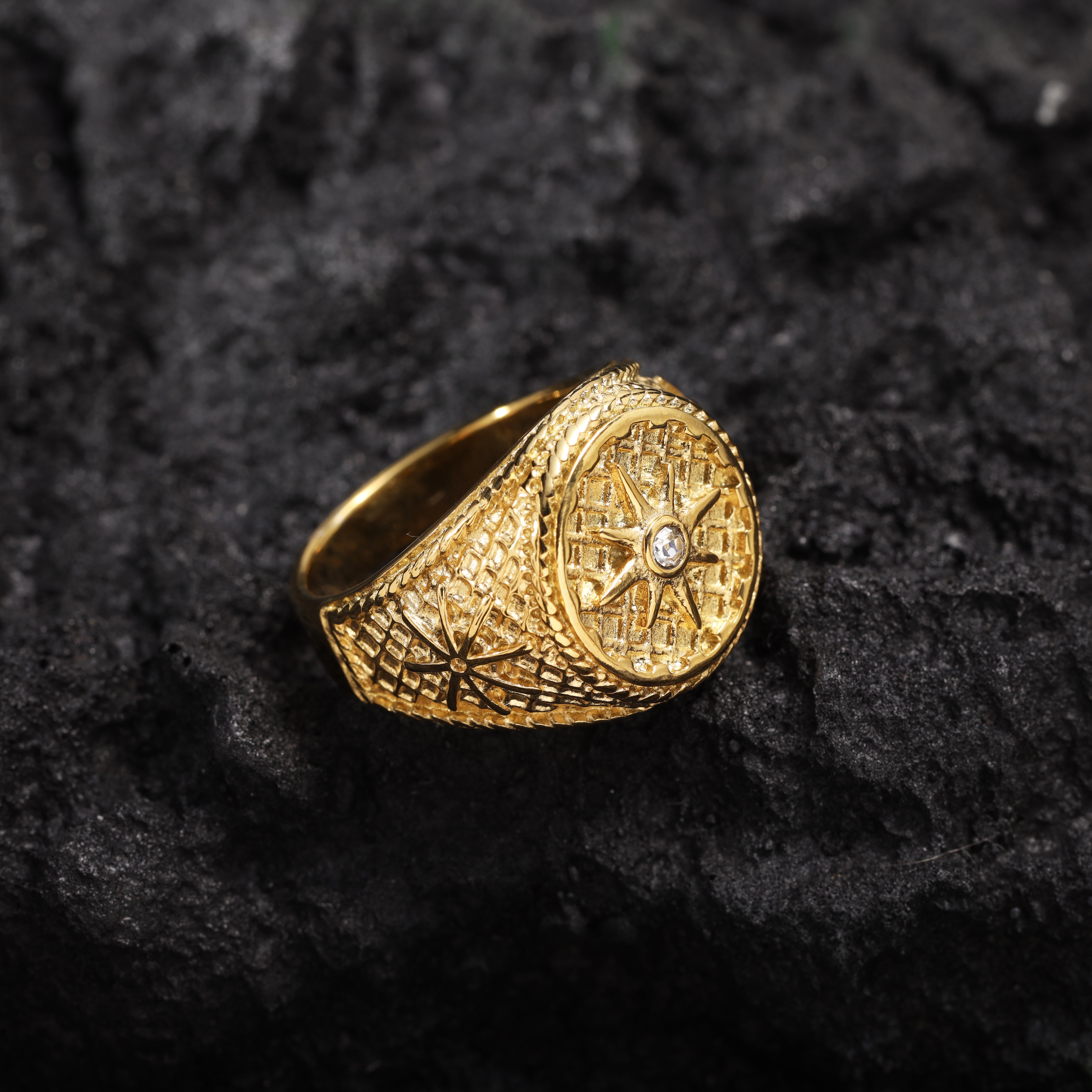 Kompass Herren Ring Größe 9-12 aus Edelstahl 18K Vergoldet - Taipan Schmuck