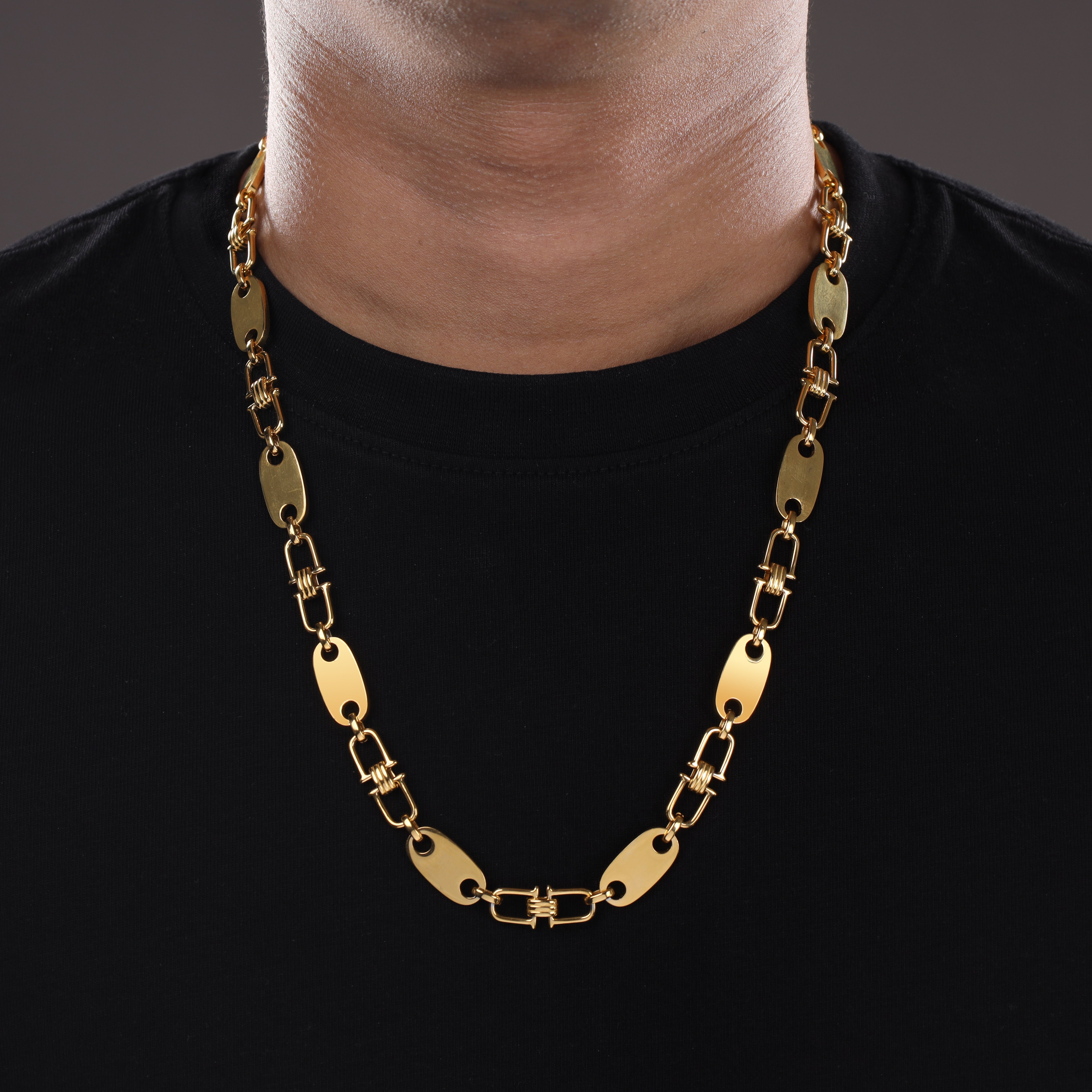 10mm Plattenkette bewegliche Steigbügel aus Edelstahl 18K vergoldet - Taipan Schmuck