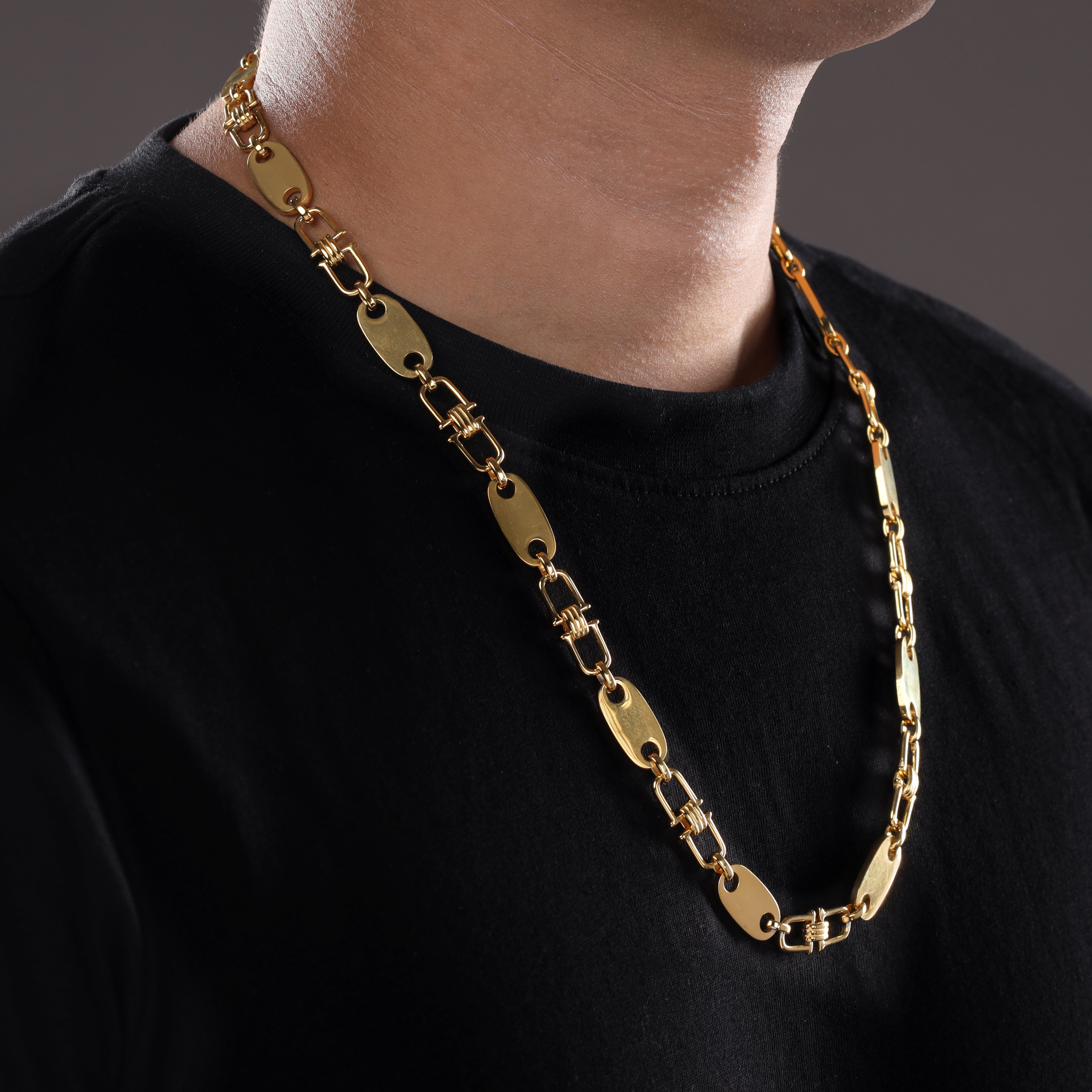 10mm Plattenkette bewegliche Steigbügel aus Edelstahl 18K vergoldet - Taipan Schmuck