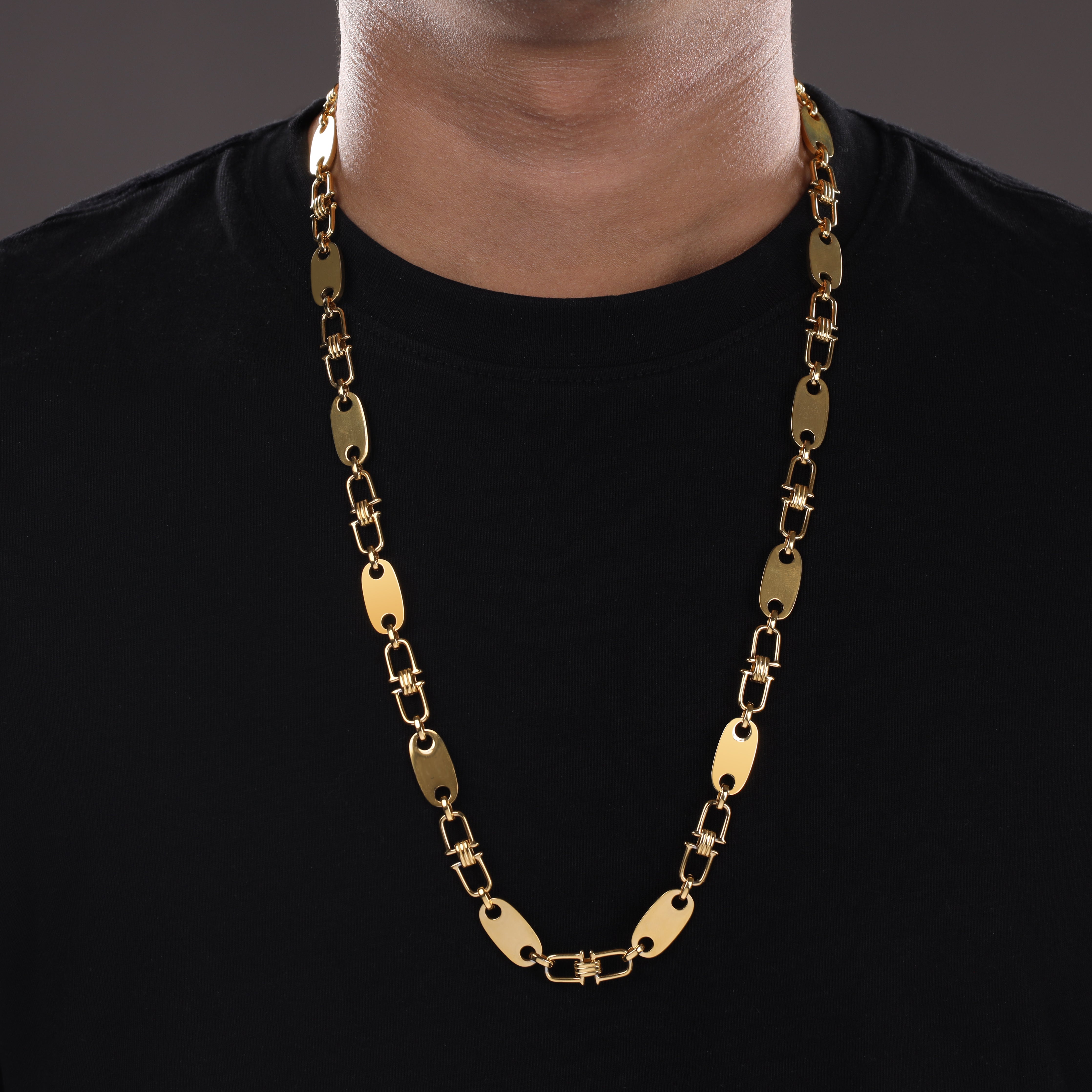 10mm Plattenkette bewegliche Steigbügel aus Edelstahl 18K vergoldet - Taipan Schmuck