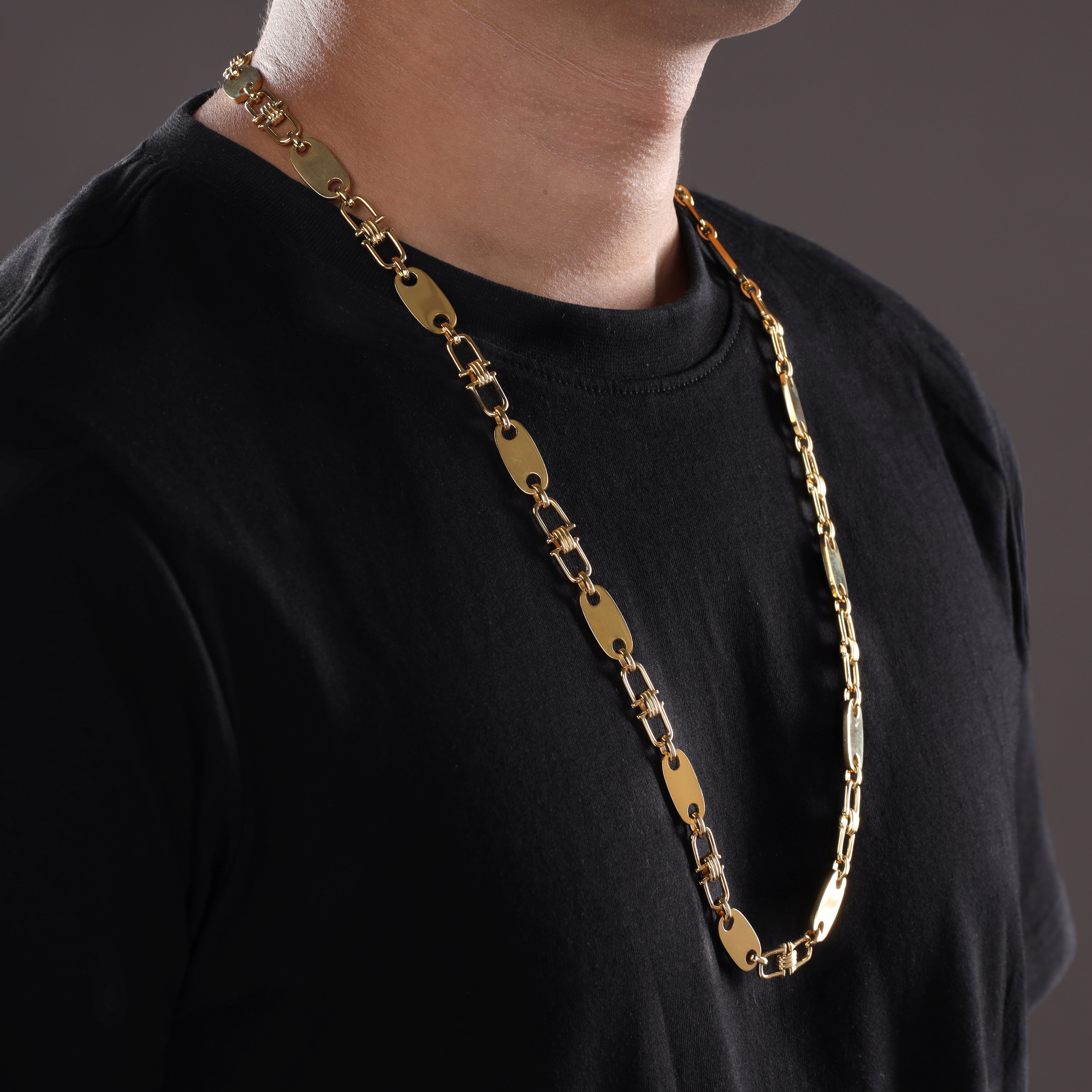10mm Plattenkette bewegliche Steigbügel aus Edelstahl 18K vergoldet - Taipan Schmuck