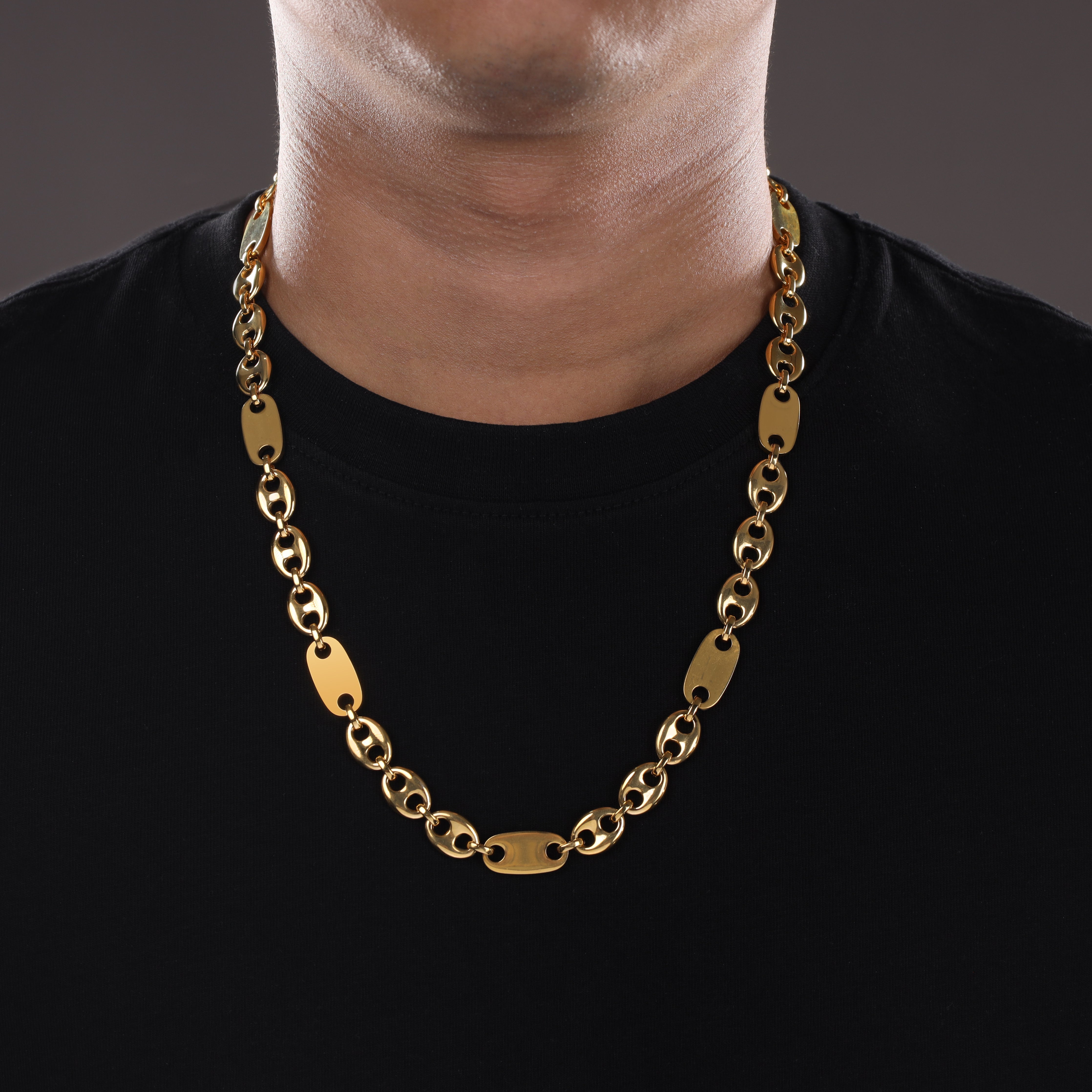10mm Plattenkette + Bohnenkette aus Edelstahl 18K Vergoldet - Taipan Schmuck