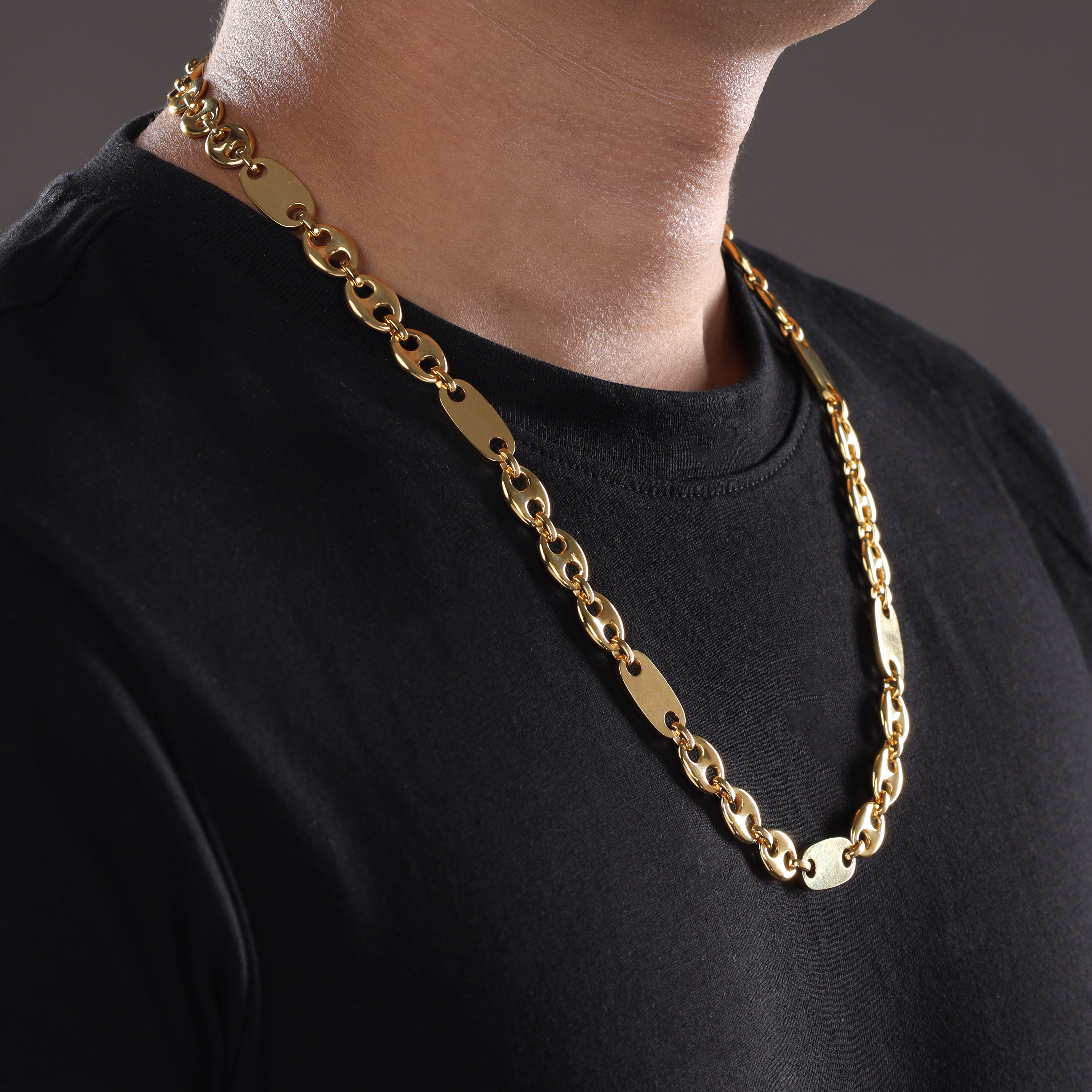 10mm Plattenkette + Bohnenkette aus Edelstahl 18K Vergoldet - Taipan Schmuck