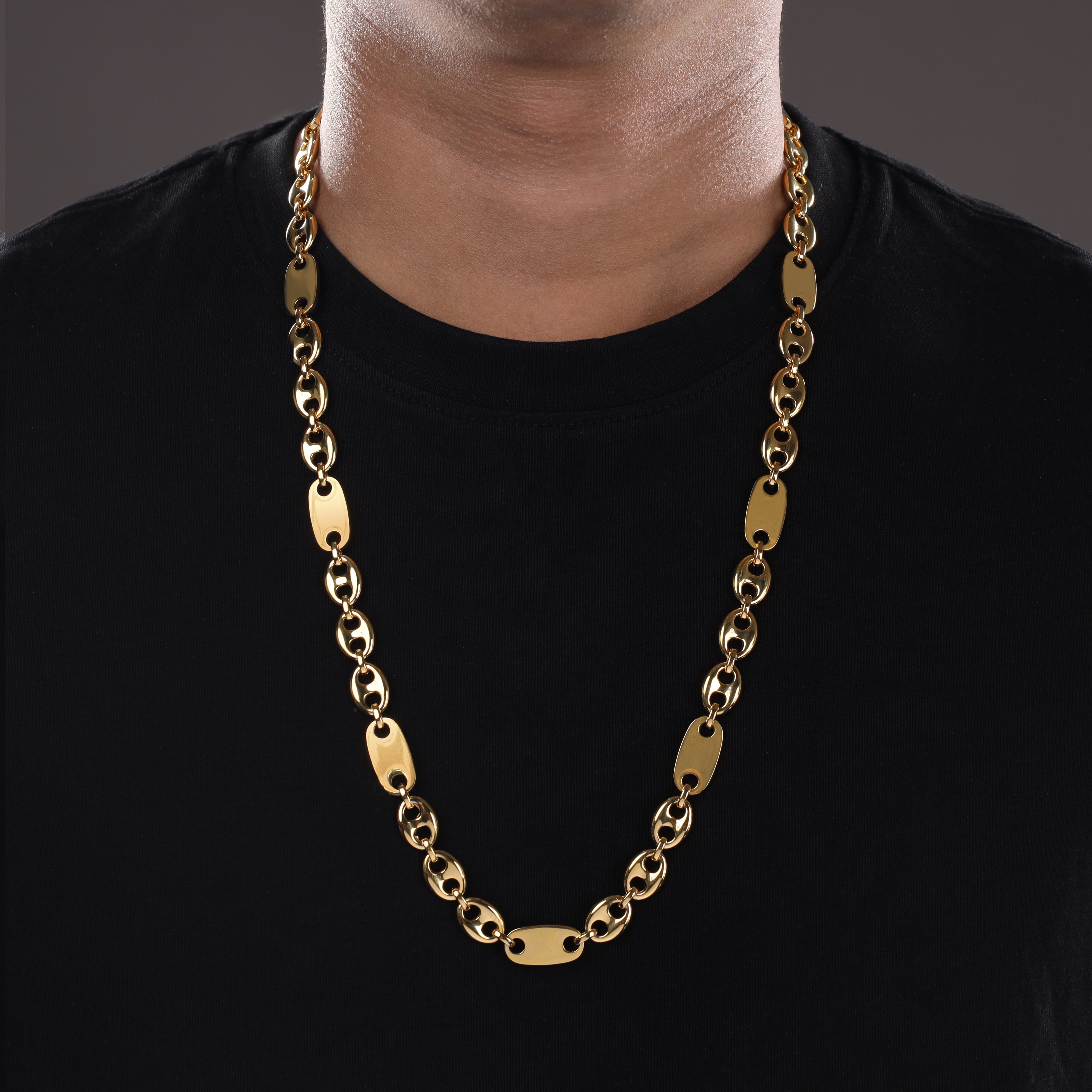 10mm Plattenkette + Bohnenkette aus Edelstahl 18K Vergoldet - Taipan Schmuck