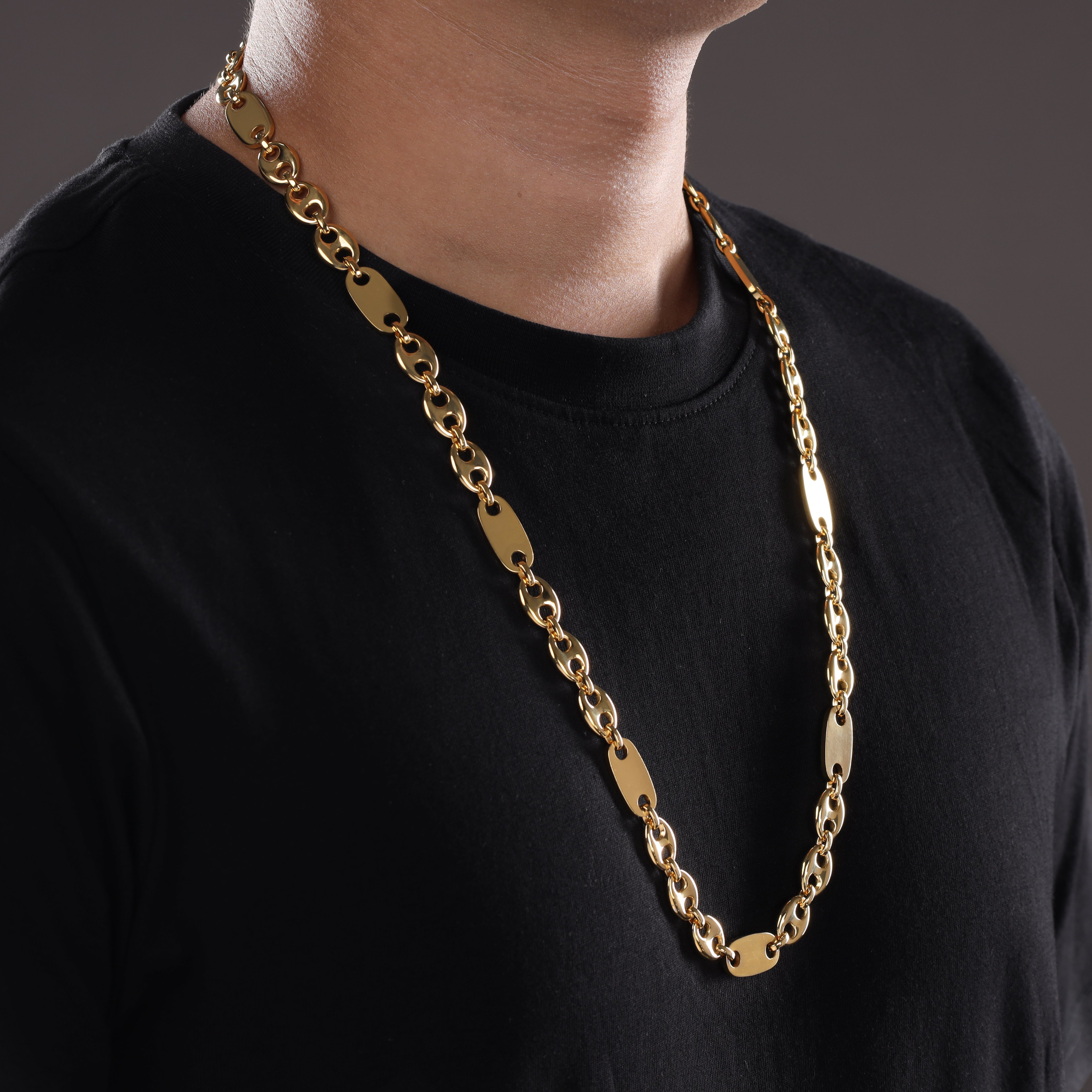 10mm Plattenkette + Bohnenkette aus Edelstahl 18K Vergoldet - Taipan Schmuck