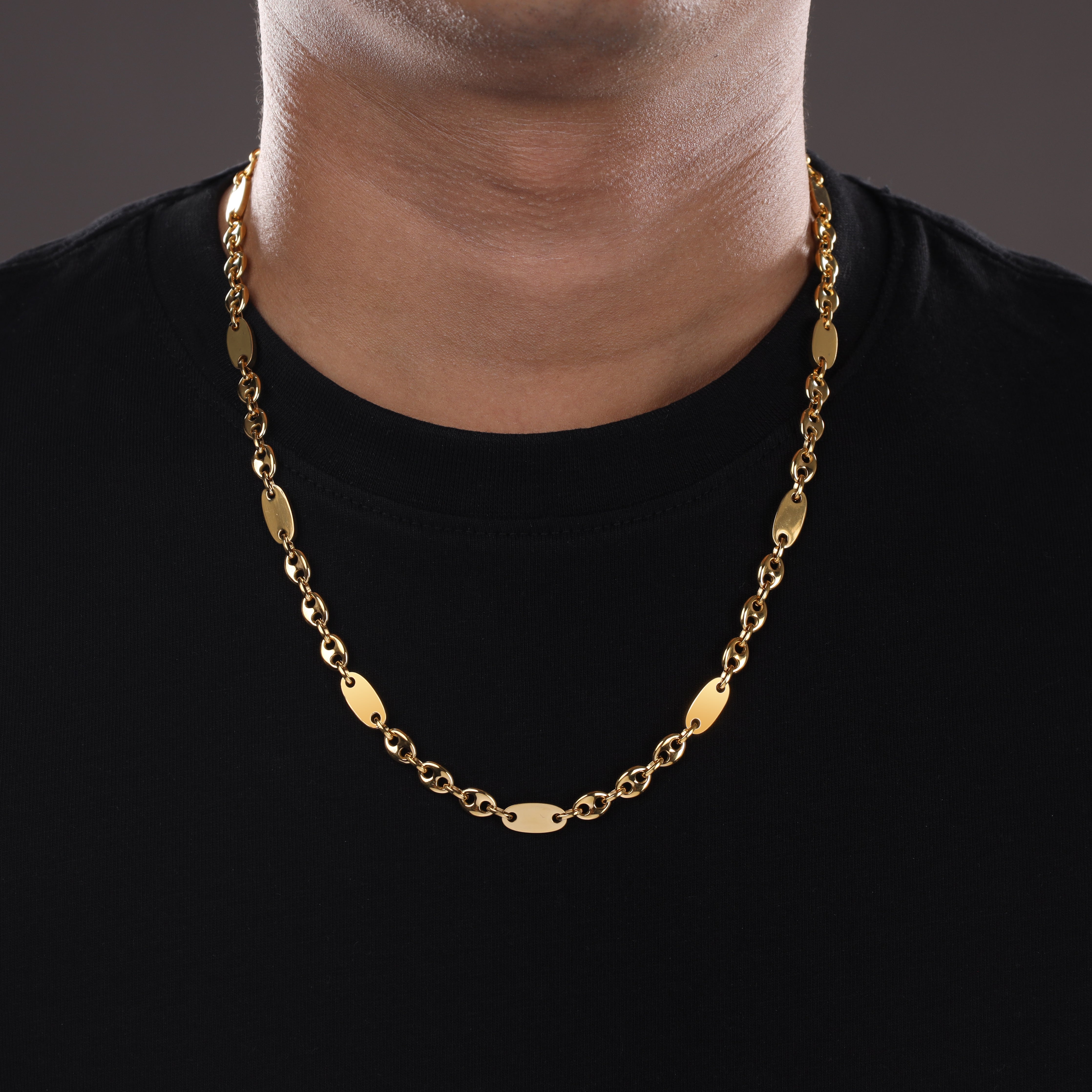 6mm Plattenkette + Bohnenkette aus Edelstahl 18K Vergoldet - Taipan Schmuck
