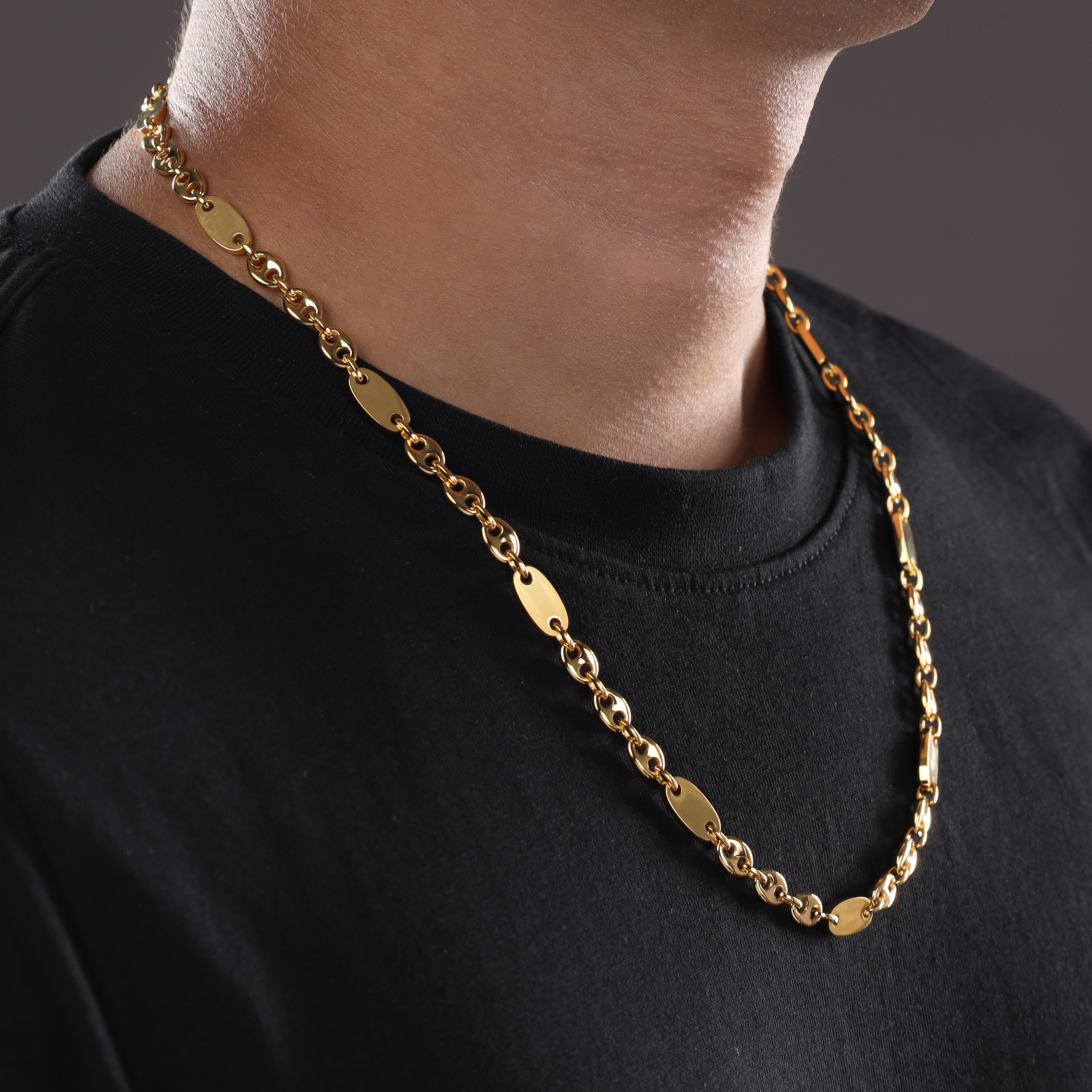 6mm Plattenkette + Bohnenkette aus Edelstahl 18K Vergoldet - Taipan Schmuck