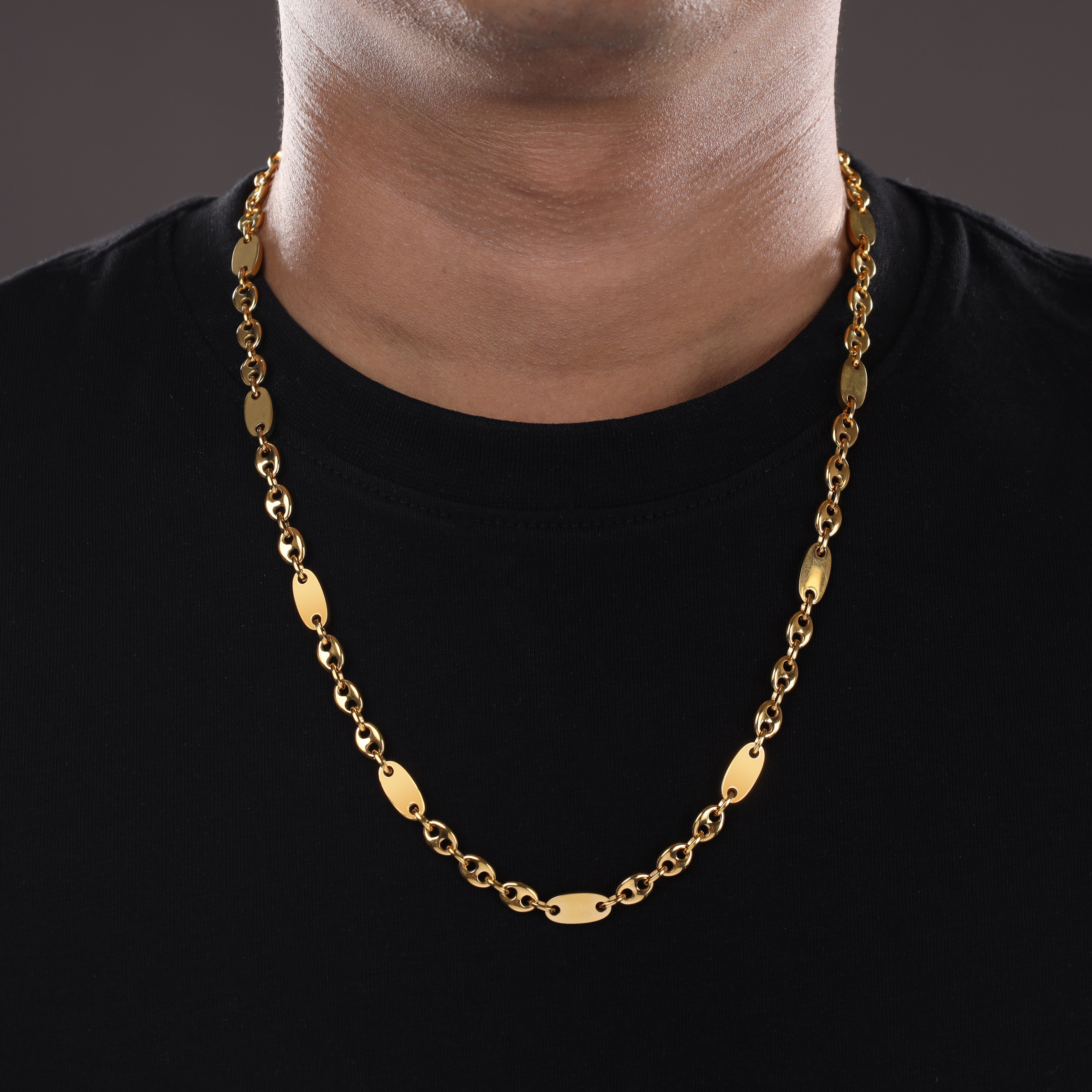 6mm Plattenkette + Bohnenkette aus Edelstahl 18K Vergoldet - Taipan Schmuck