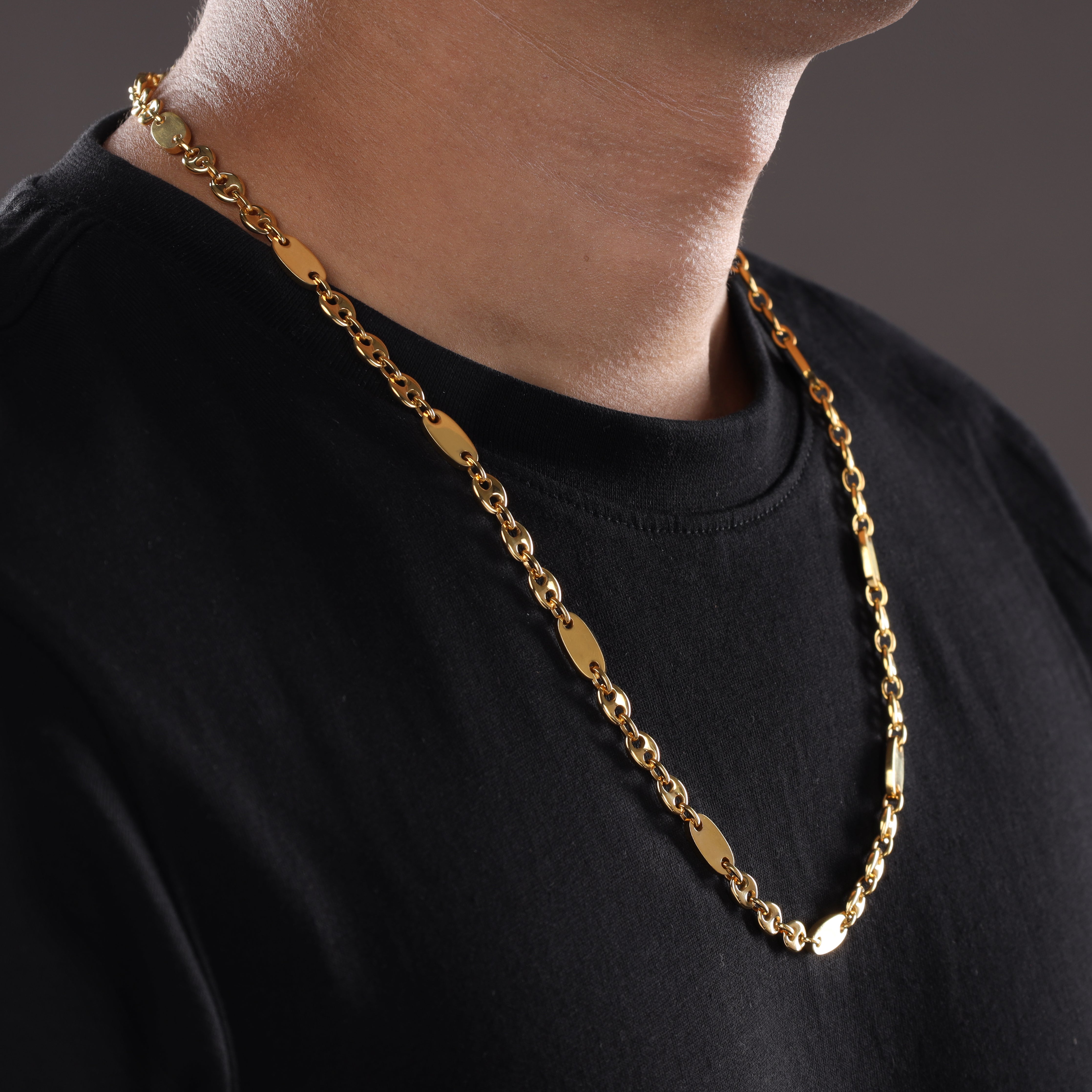 6mm Plattenkette + Bohnenkette aus Edelstahl 18K Vergoldet - Taipan Schmuck
