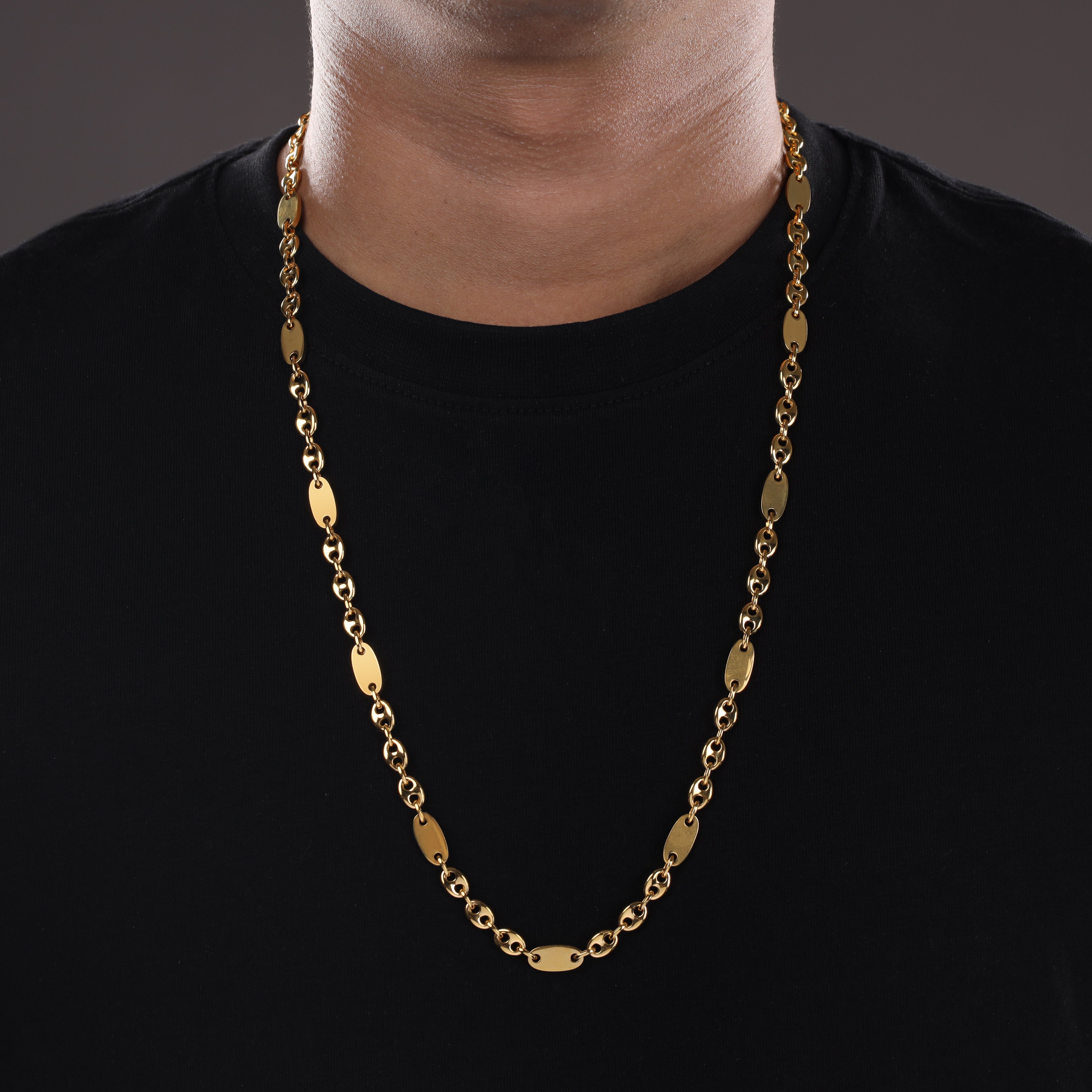 6mm Plattenkette + Bohnenkette aus Edelstahl 18K Vergoldet - Taipan Schmuck