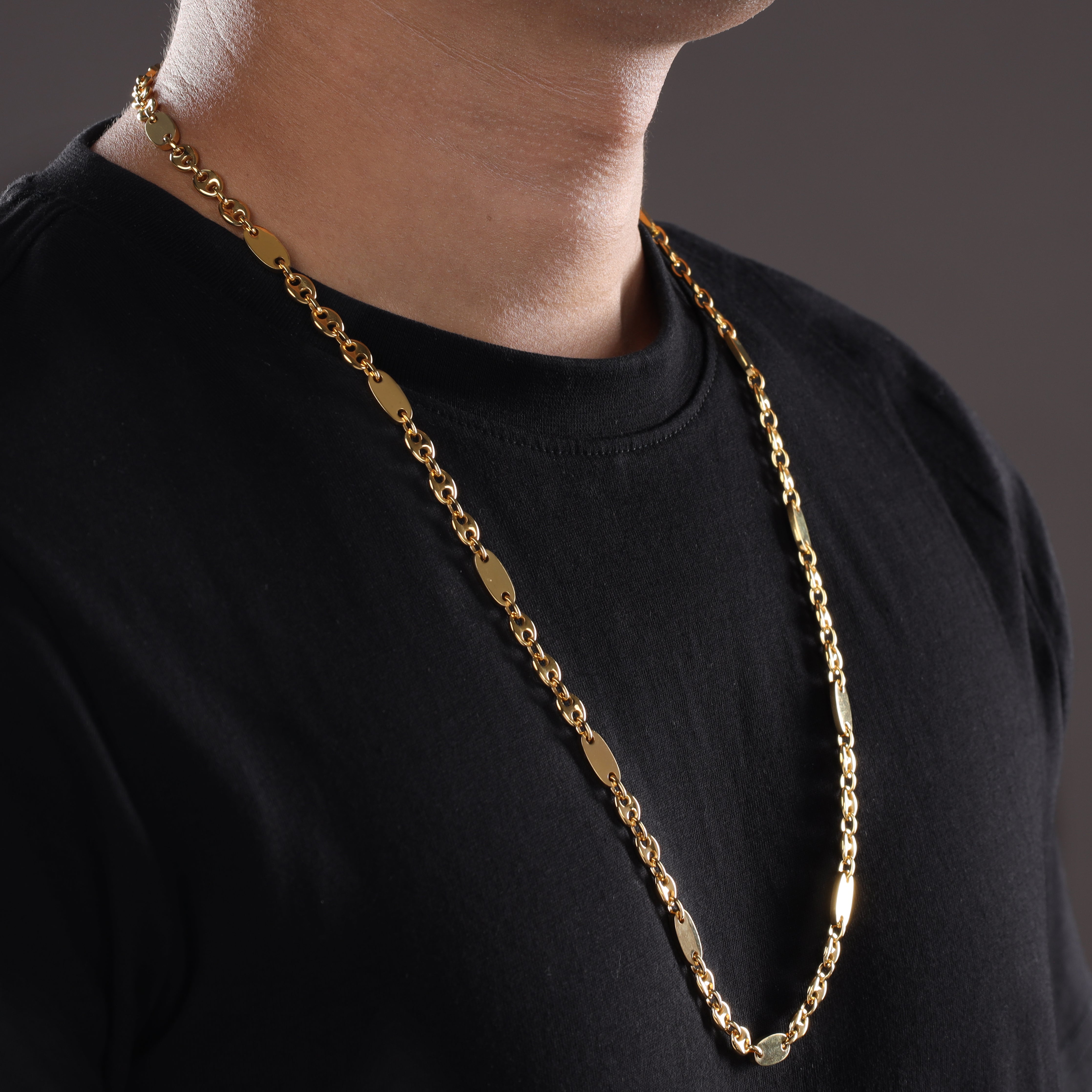 6mm Plattenkette + Bohnenkette aus Edelstahl 18K Vergoldet - Taipan Schmuck
