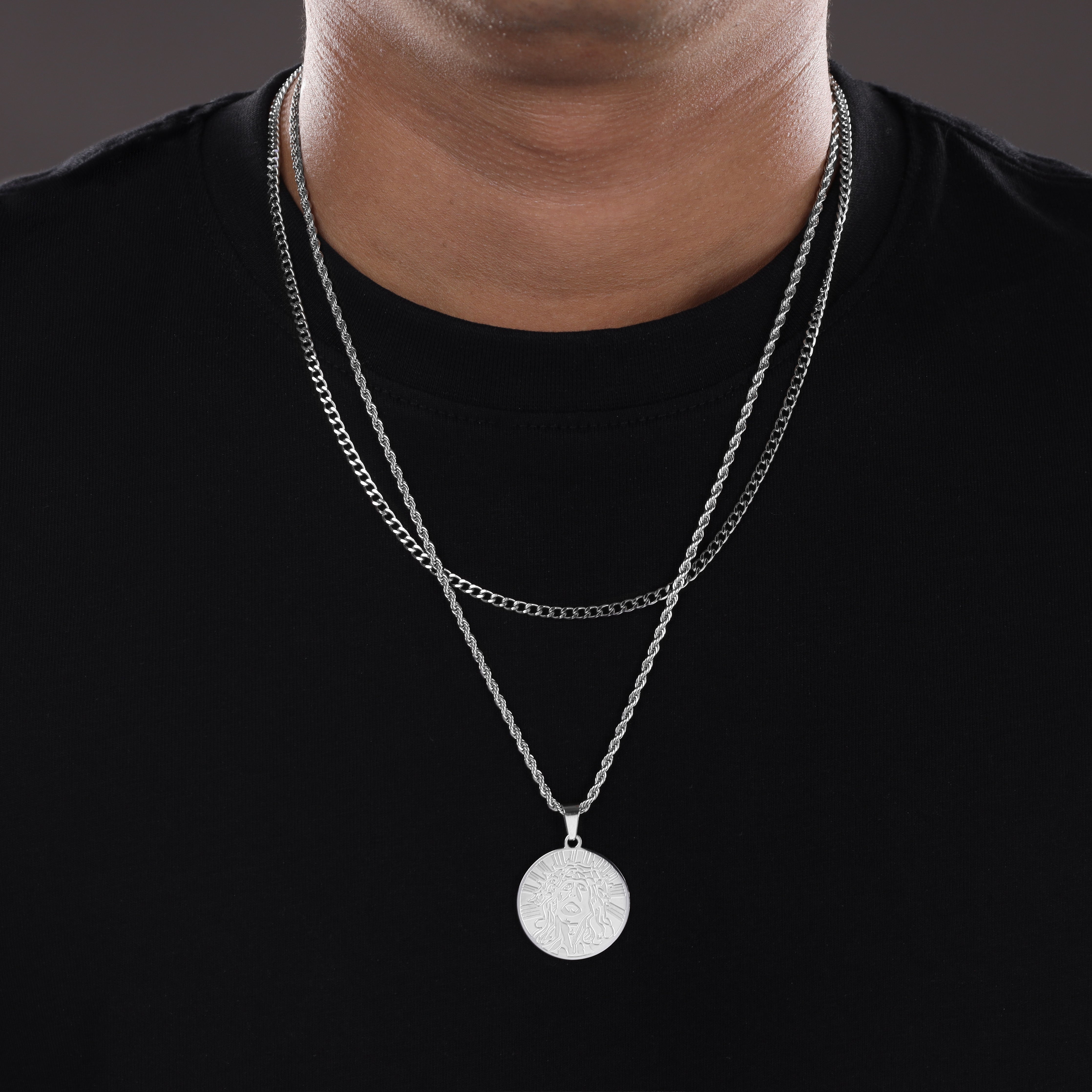 SET Kordelkette + Panzerkette mit Jesus Anhänger aus Edelstahl - Taipan Schmuck