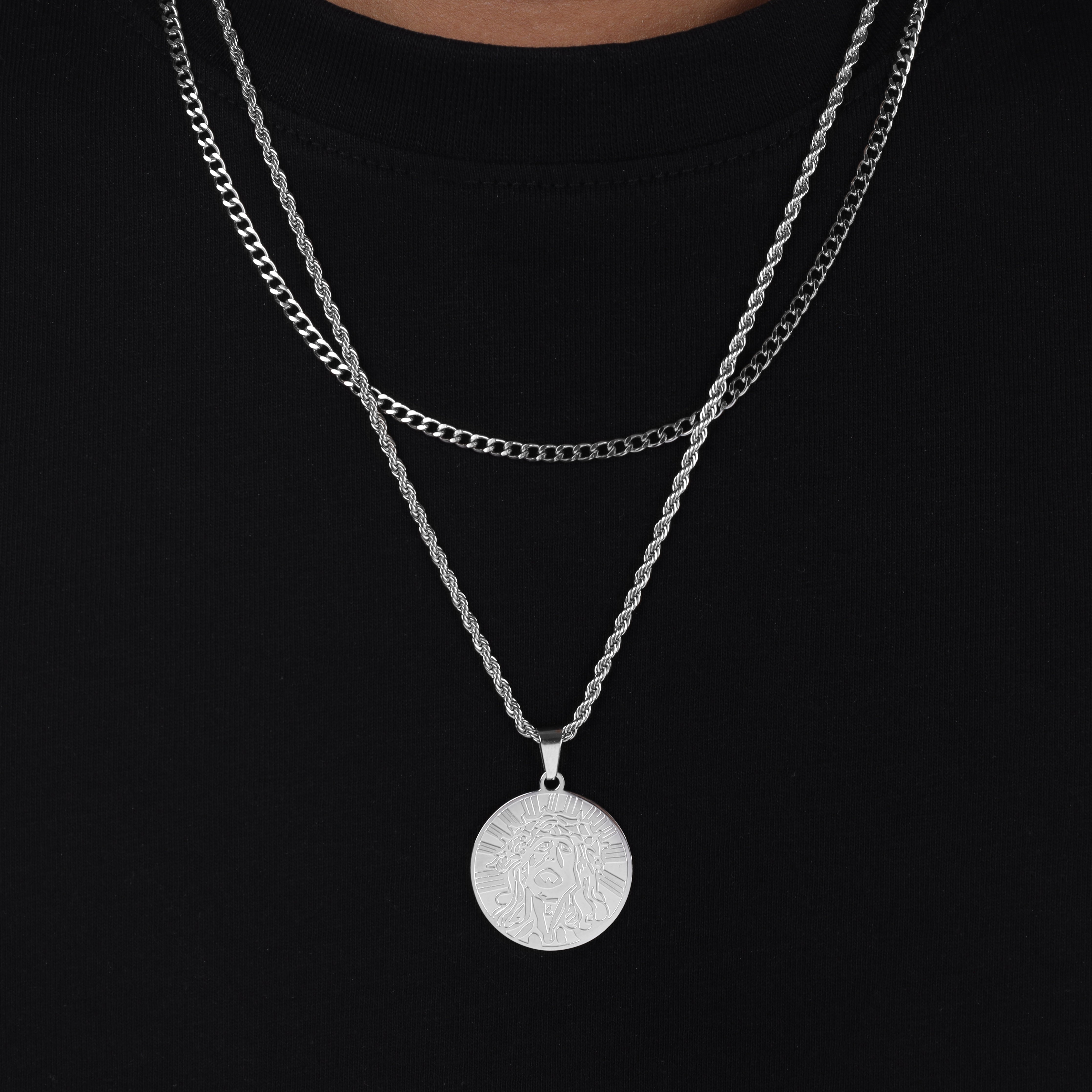 SET Kordelkette + Panzerkette mit Jesus Anhänger aus Edelstahl - Taipan Schmuck