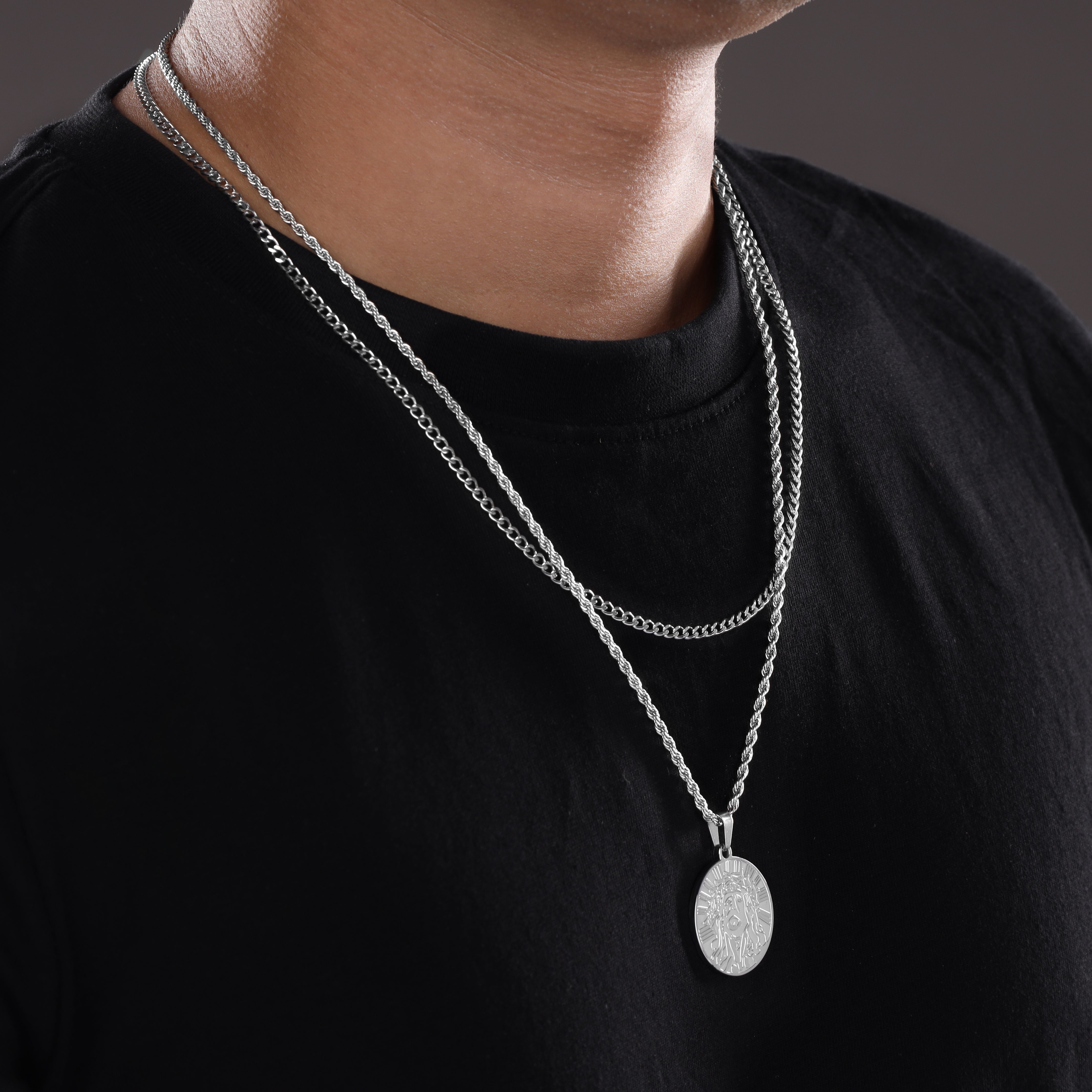 SET Kordelkette + Panzerkette mit Jesus Anhänger aus Edelstahl - Taipan Schmuck
