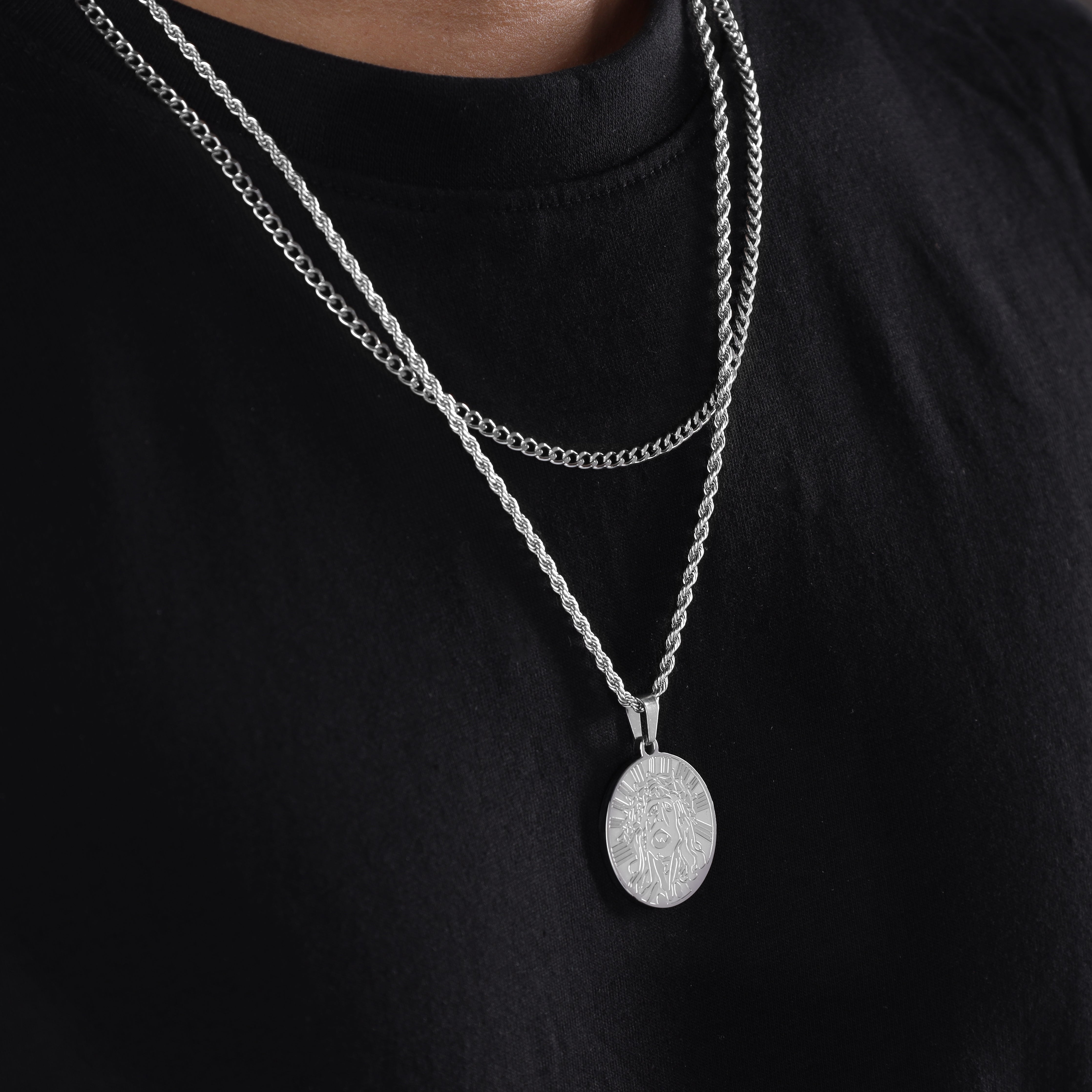 SET Kordelkette + Panzerkette mit Jesus Anhänger aus Edelstahl - Taipan Schmuck
