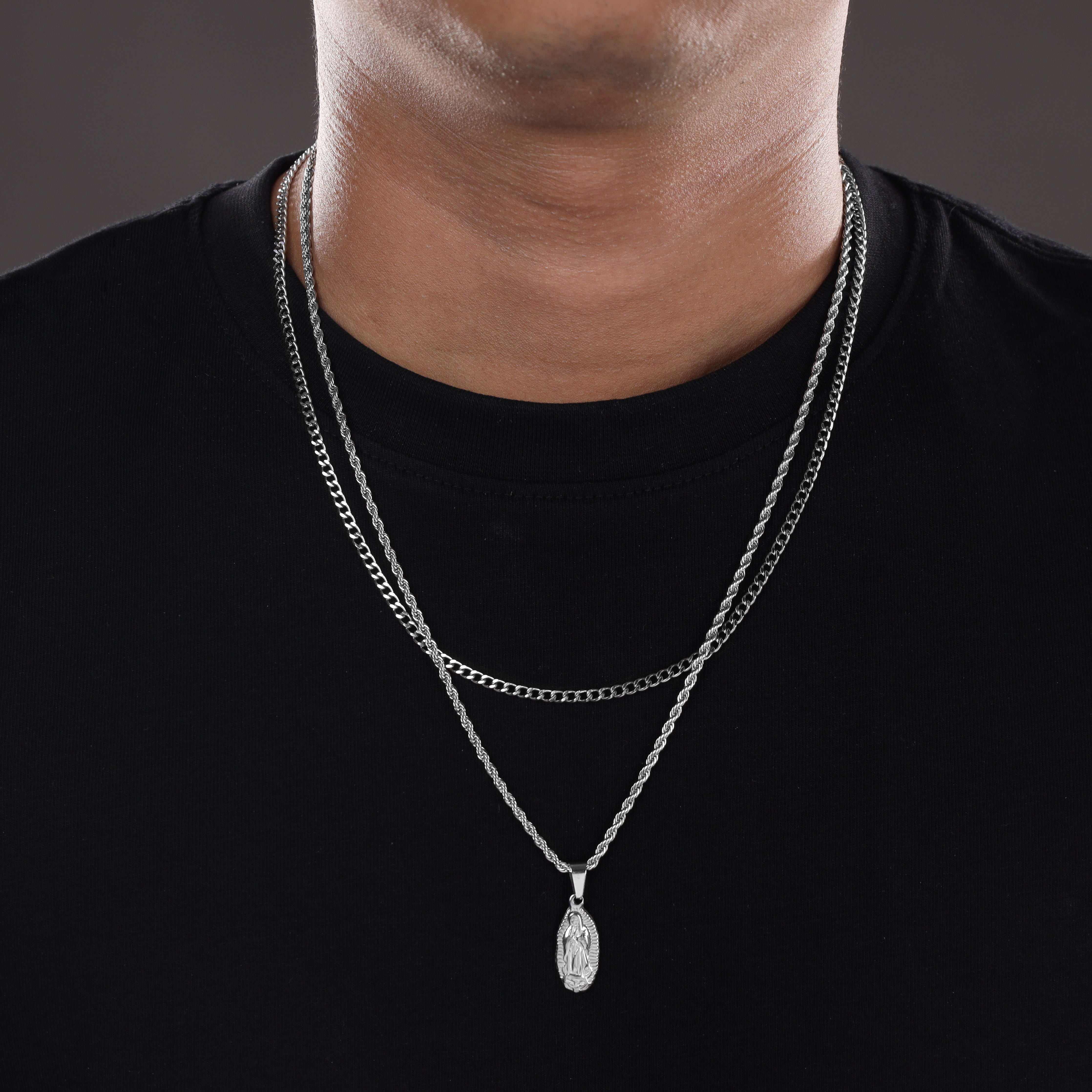 SET Kordelkette + Panzerkette mit Heilige Maria Anhänger aus Edelstahl - Taipan Schmuck