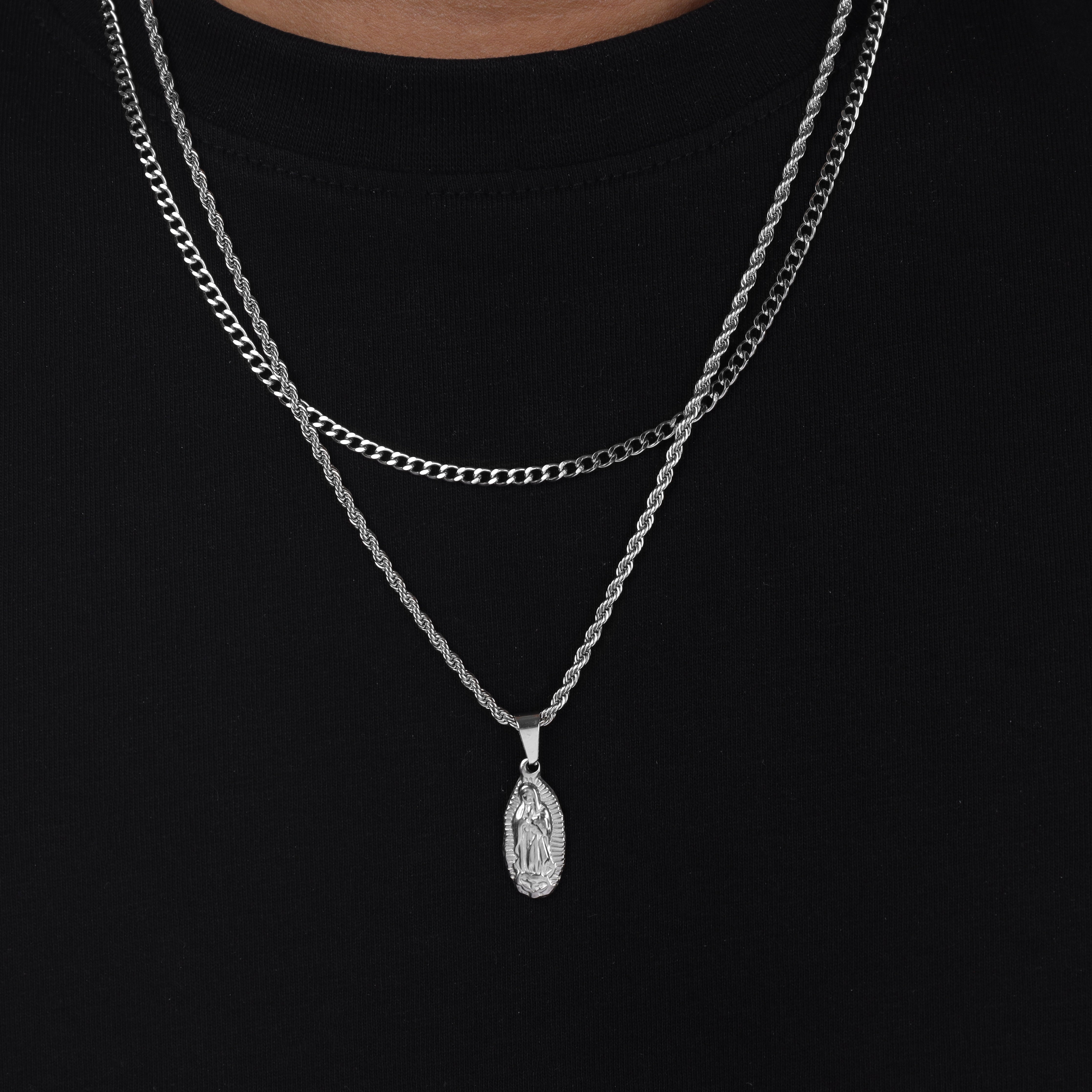 SET Kordelkette + Panzerkette mit Heilige Maria Anhänger aus Edelstahl - Taipan Schmuck