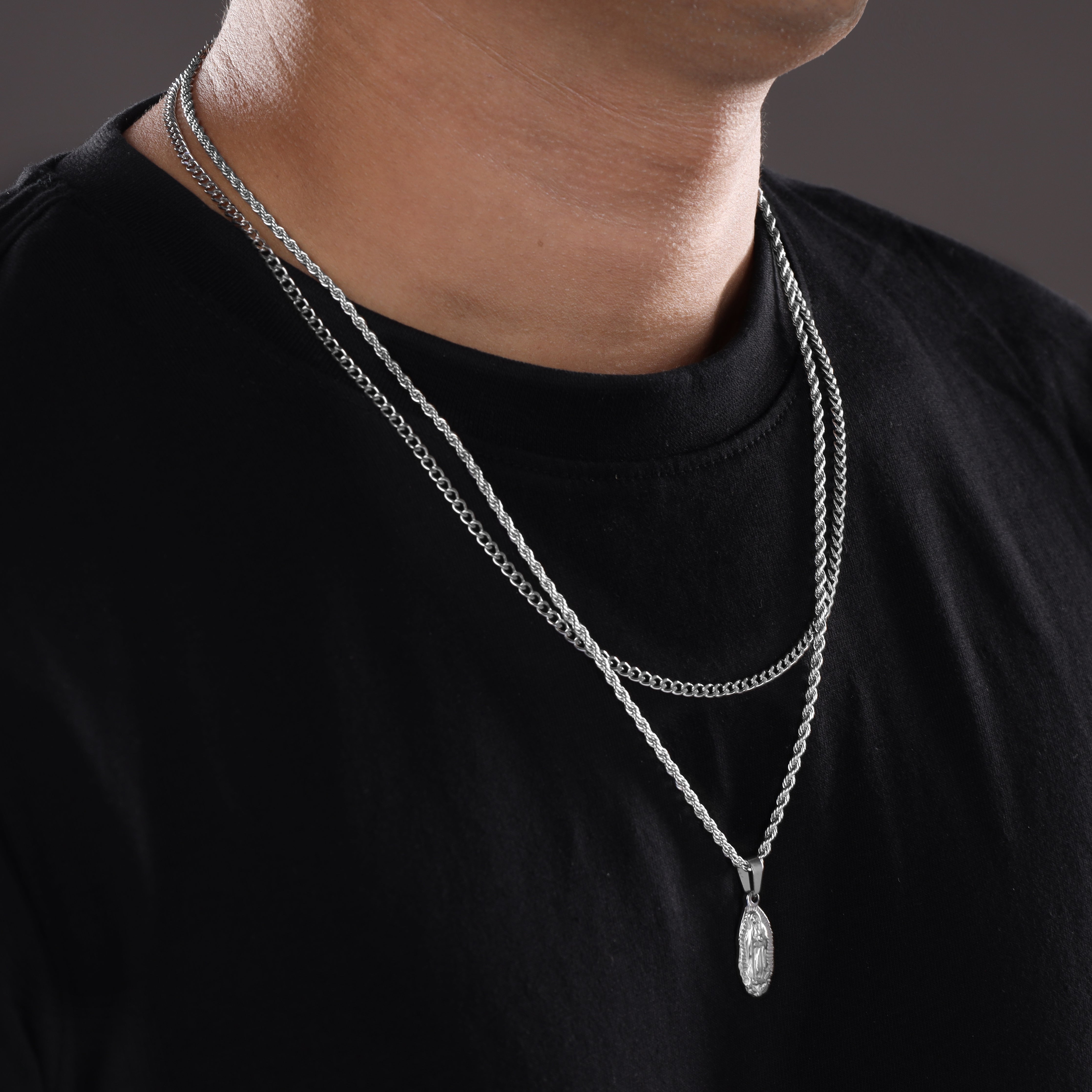 SET Kordelkette + Panzerkette mit Heilige Maria Anhänger aus Edelstahl - Taipan Schmuck