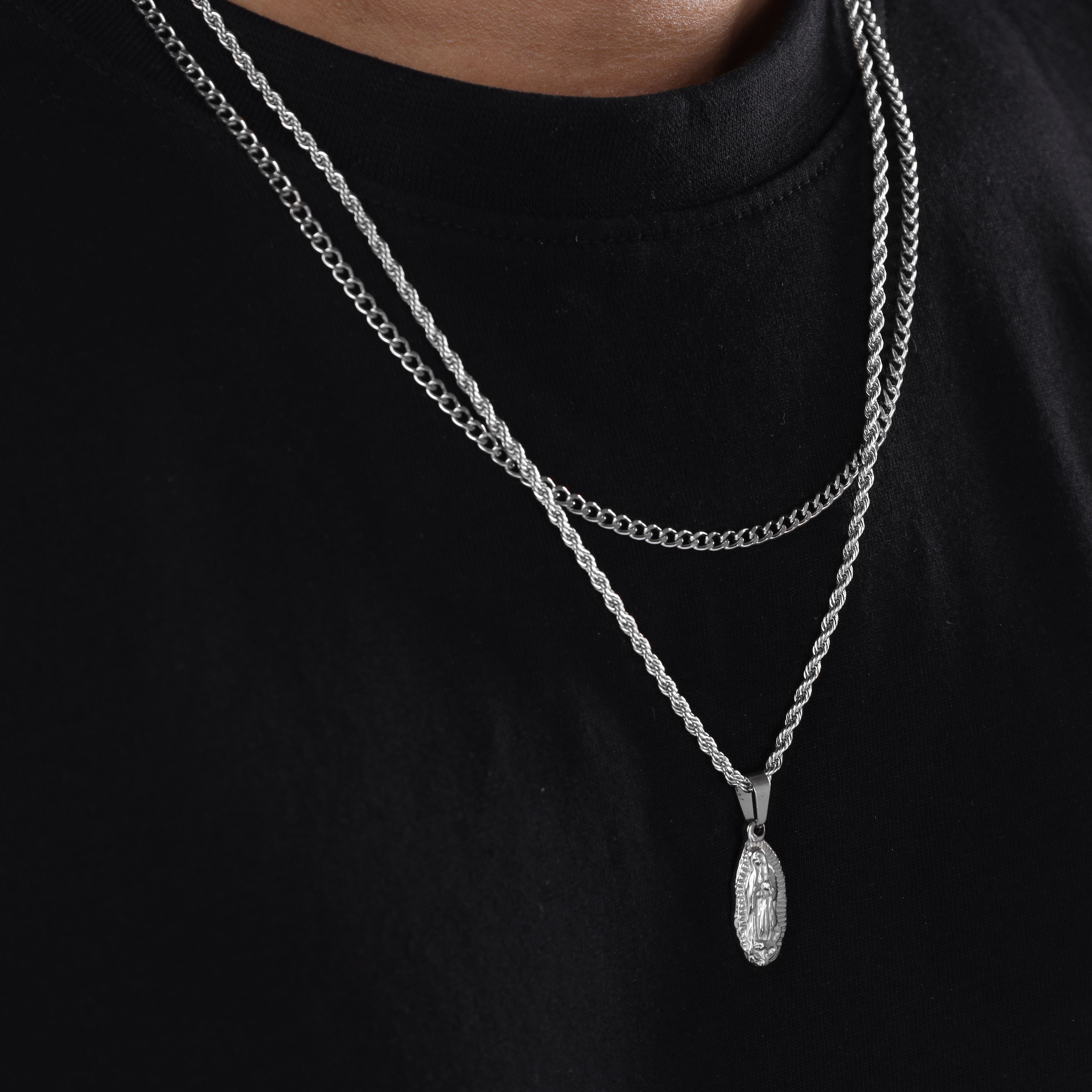 SET Kordelkette + Panzerkette mit Heilige Maria Anhänger aus Edelstahl - Taipan Schmuck