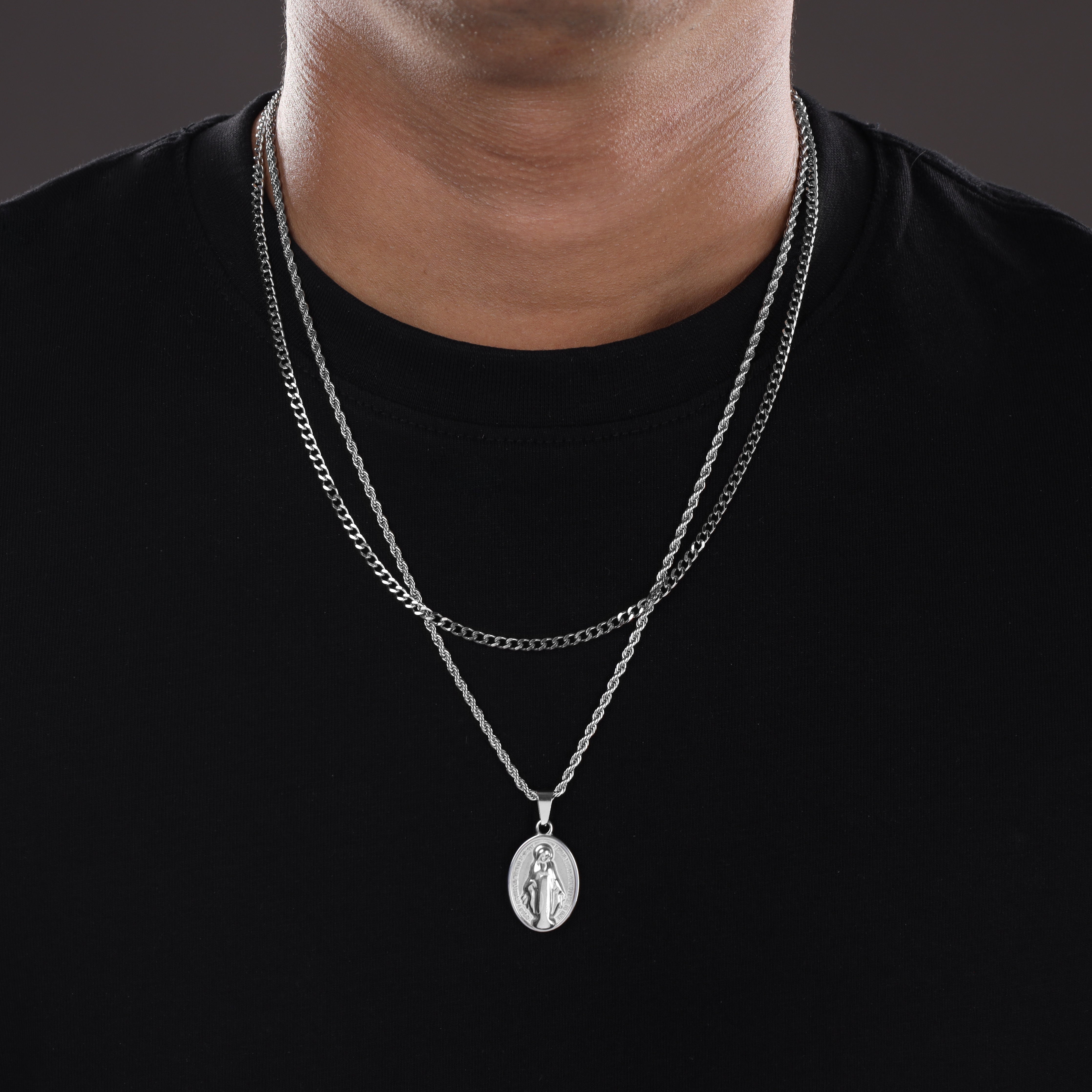 SET Kordelkette + Panzerkette mit Heilige Maria Anhänger aus Edelstahl - Taipan Schmuck