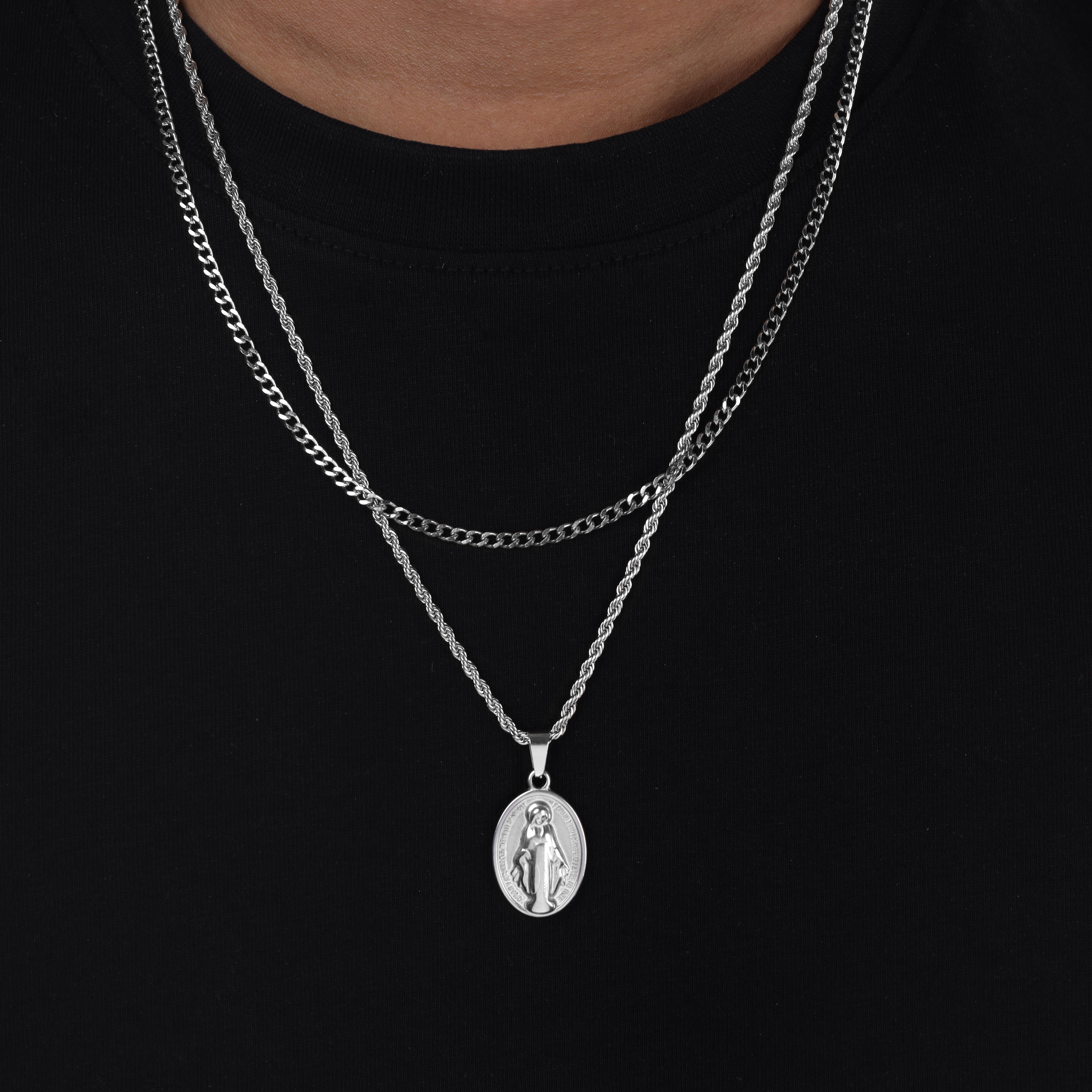 SET Kordelkette + Panzerkette mit Heilige Maria Anhänger aus Edelstahl - Taipan Schmuck