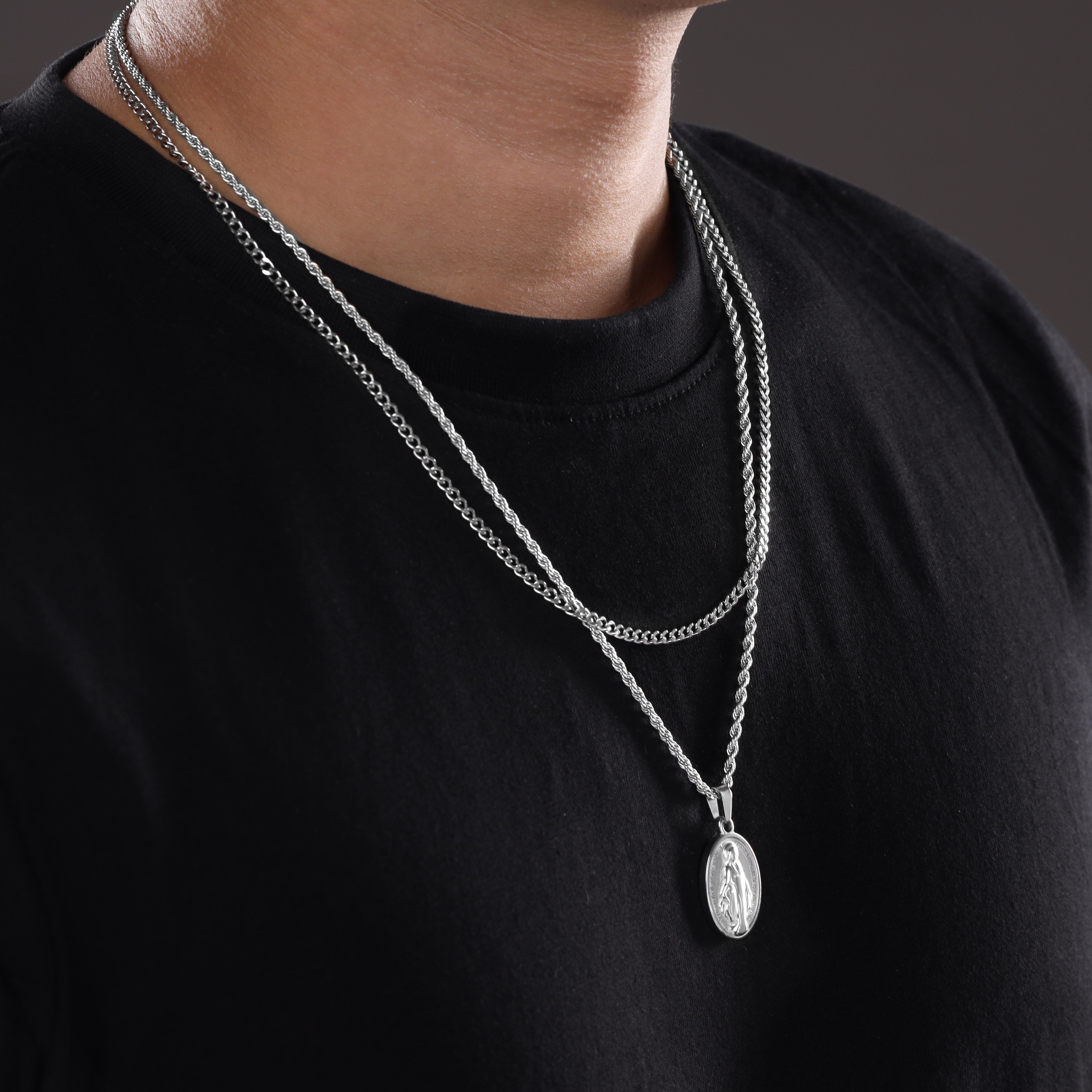 SET Kordelkette + Panzerkette mit Heilige Maria Anhänger aus Edelstahl - Taipan Schmuck