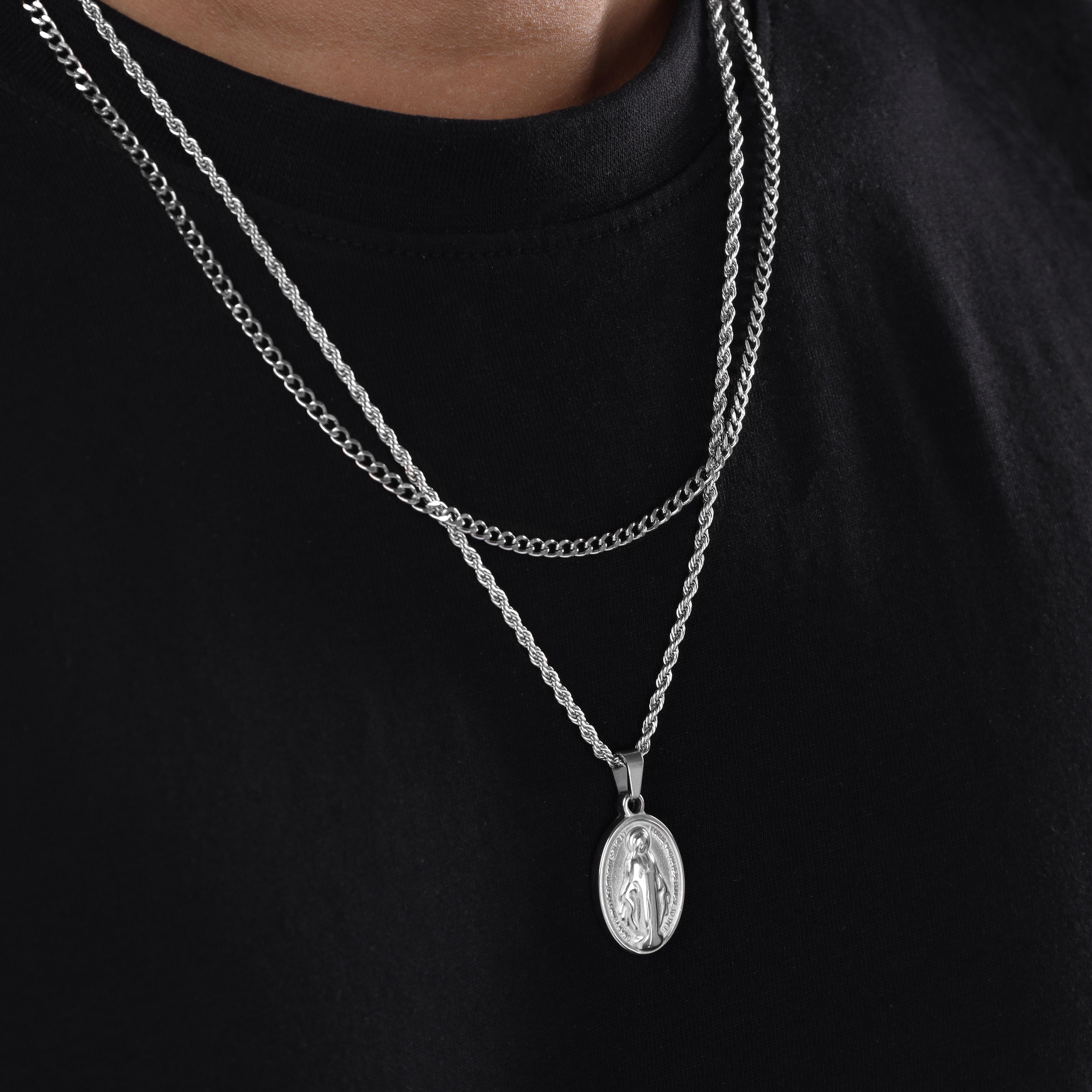 SET Kordelkette + Panzerkette mit Heilige Maria Anhänger aus Edelstahl - Taipan Schmuck