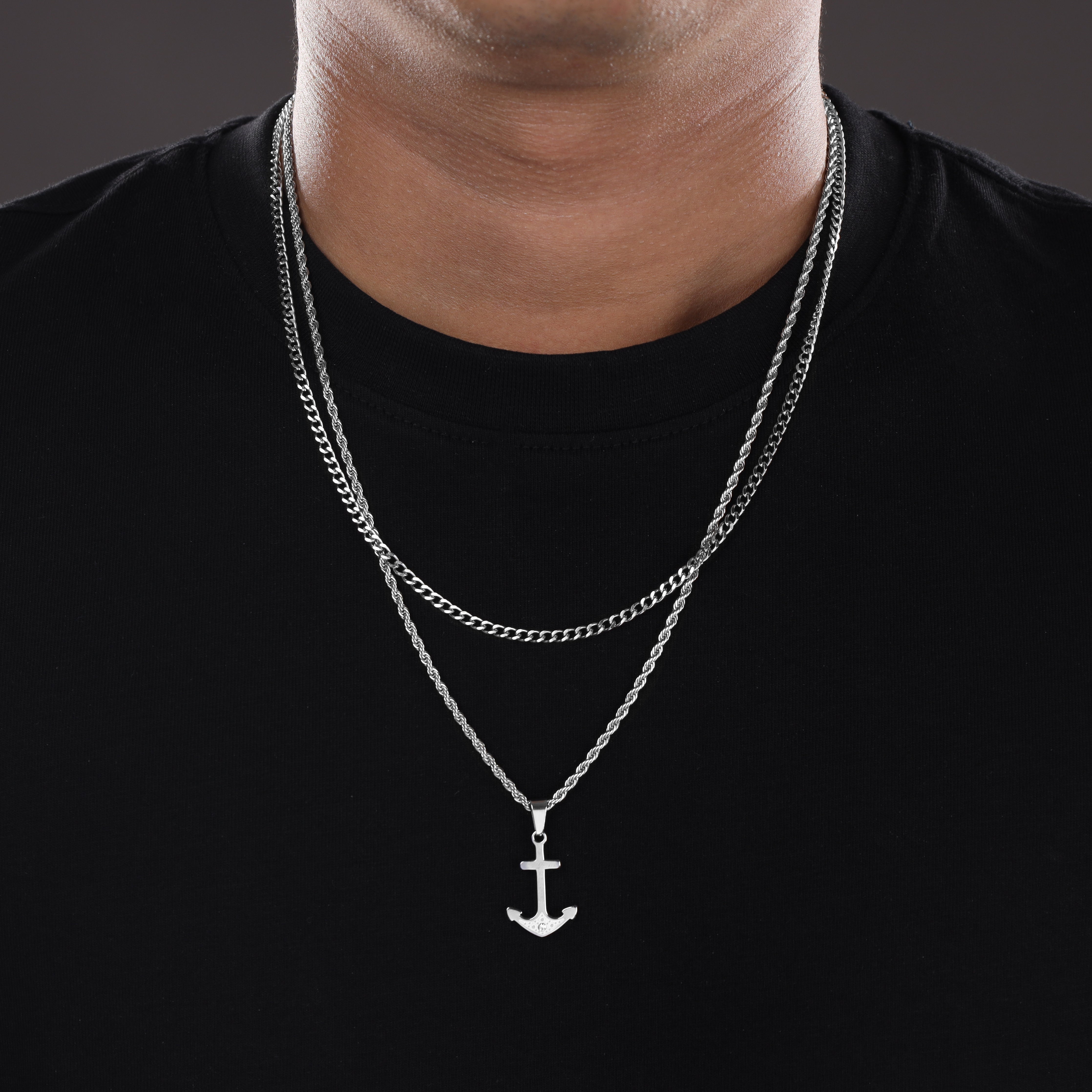 SET Kordelkette + Panzerkette mit Anker Anhänger aus Edelstahl - Taipan Schmuck