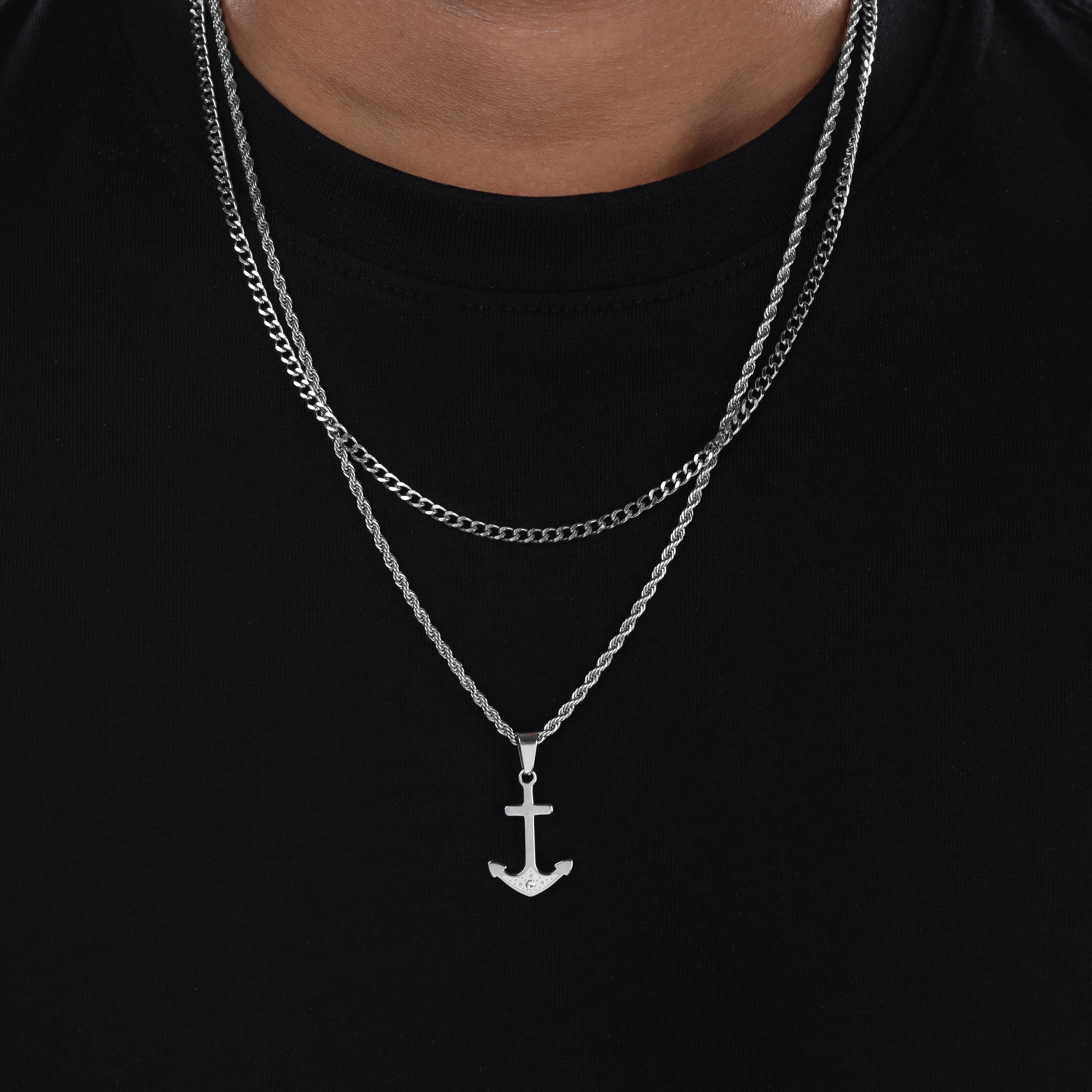 SET Kordelkette + Panzerkette mit Anker Anhänger aus Edelstahl - Taipan Schmuck