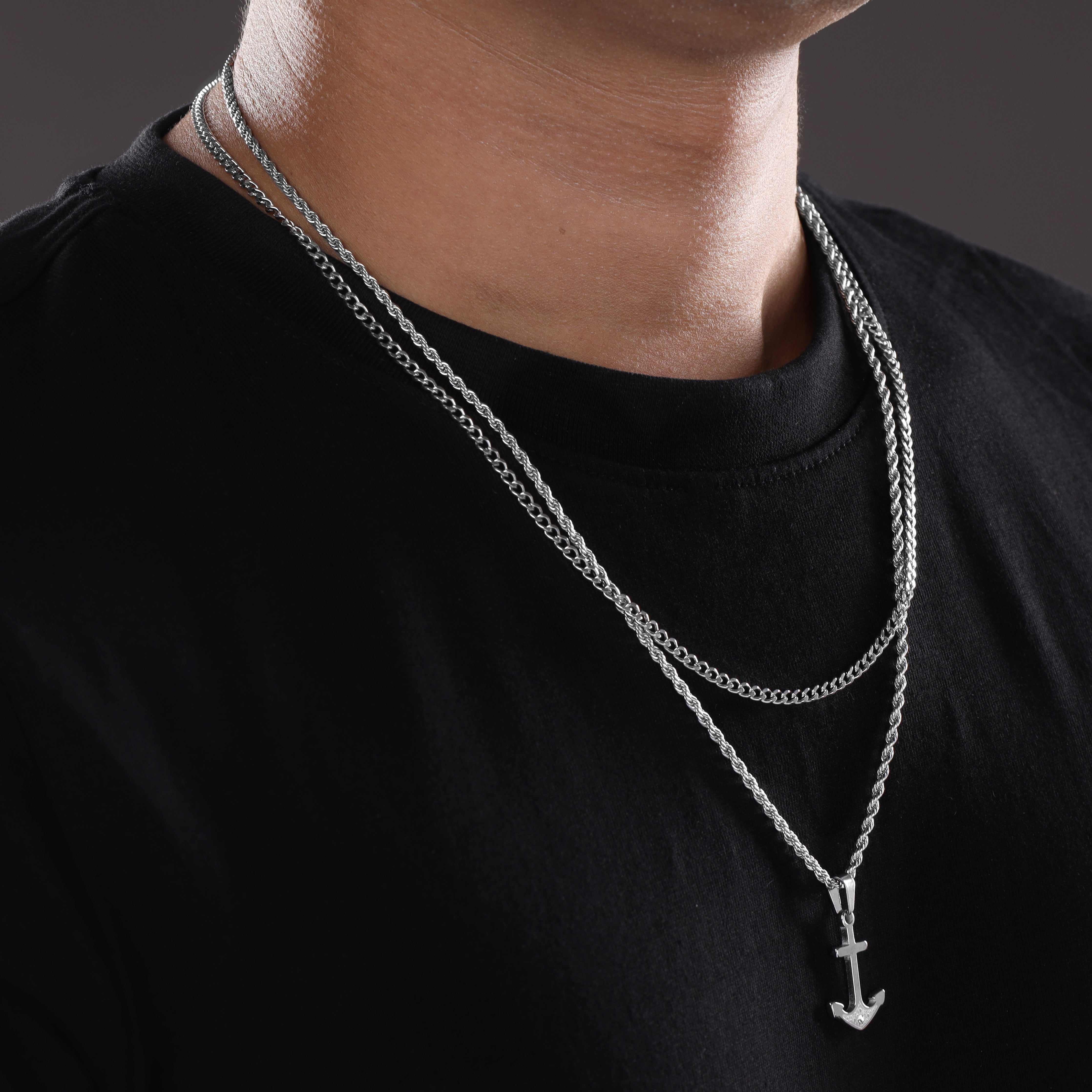 SET Kordelkette + Panzerkette mit Anker Anhänger aus Edelstahl - Taipan Schmuck