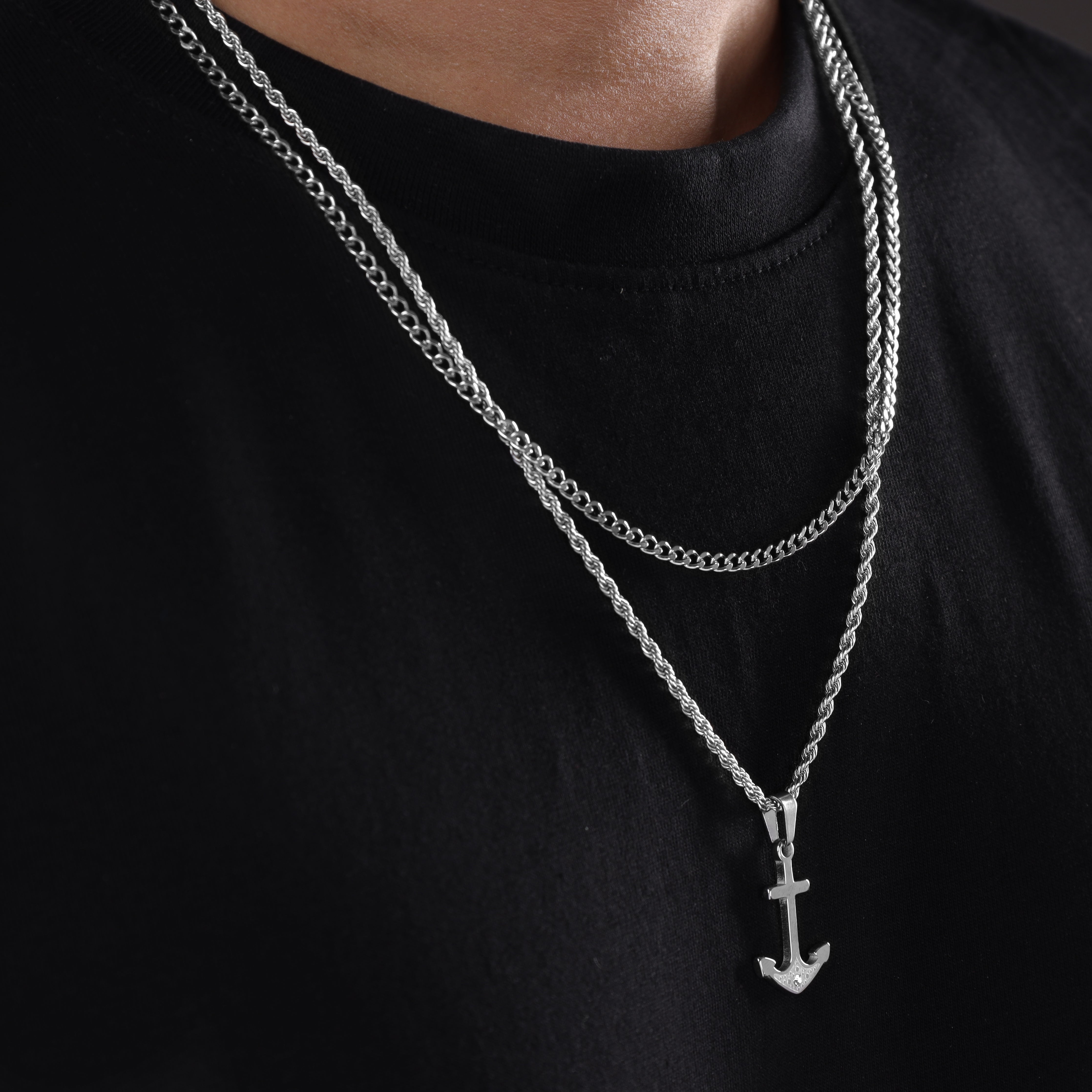 SET Kordelkette + Panzerkette mit Anker Anhänger aus Edelstahl - Taipan Schmuck