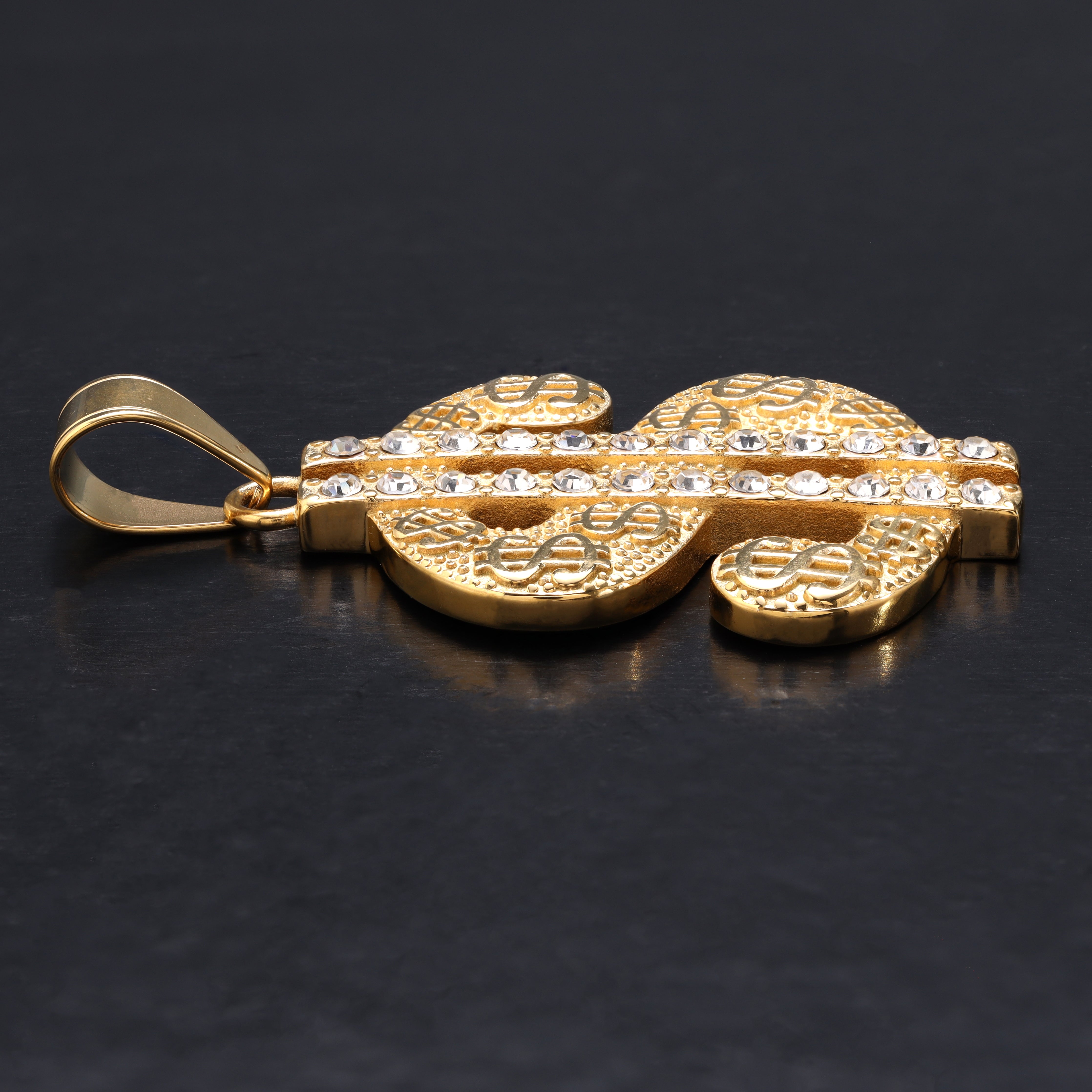 Iced Out Stil Dollar Anhänger aus Edelstahl 18K Vergoldet - Taipan Schmuck