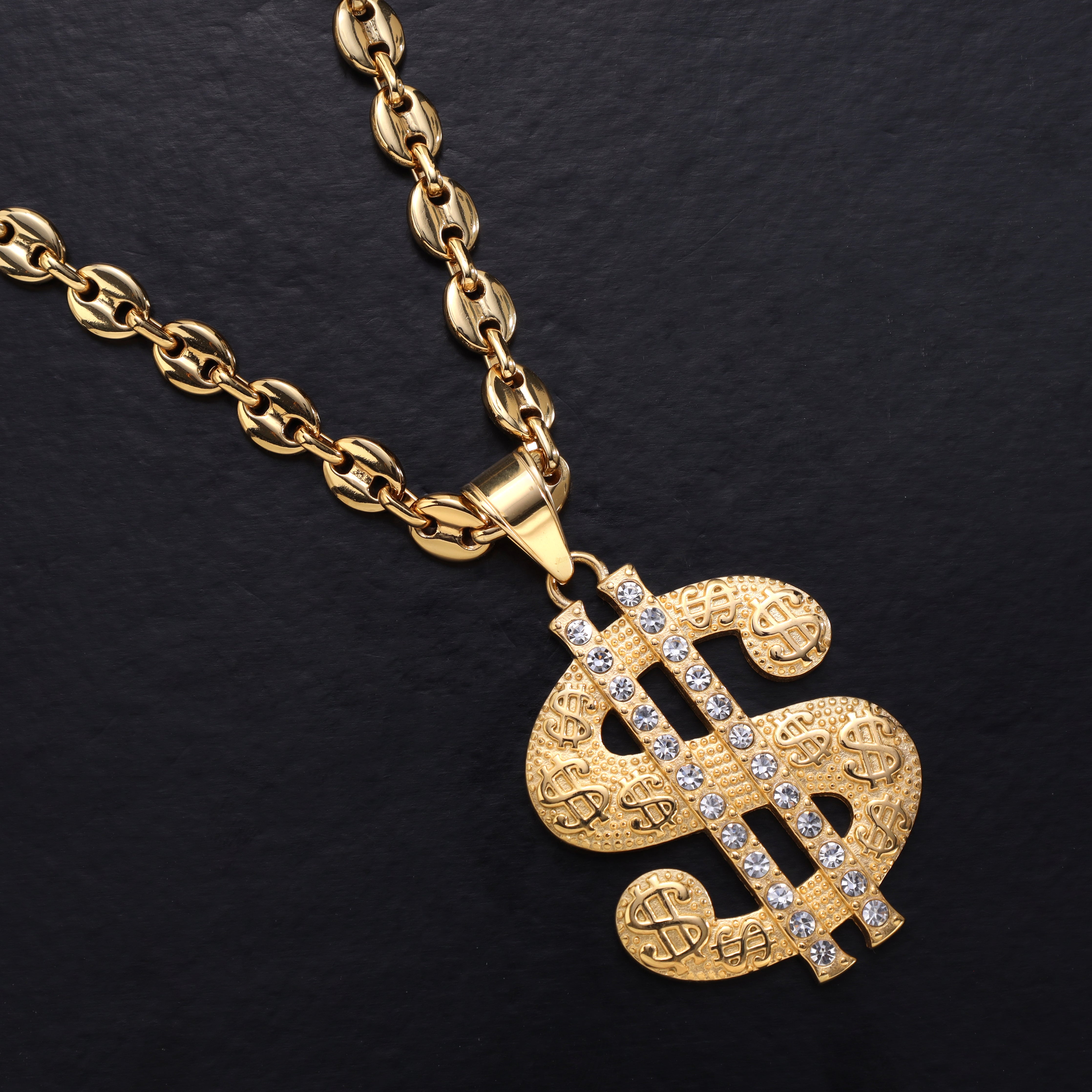 Iced Out Stil Dollar Anhänger aus Edelstahl 18K Vergoldet - Taipan Schmuck