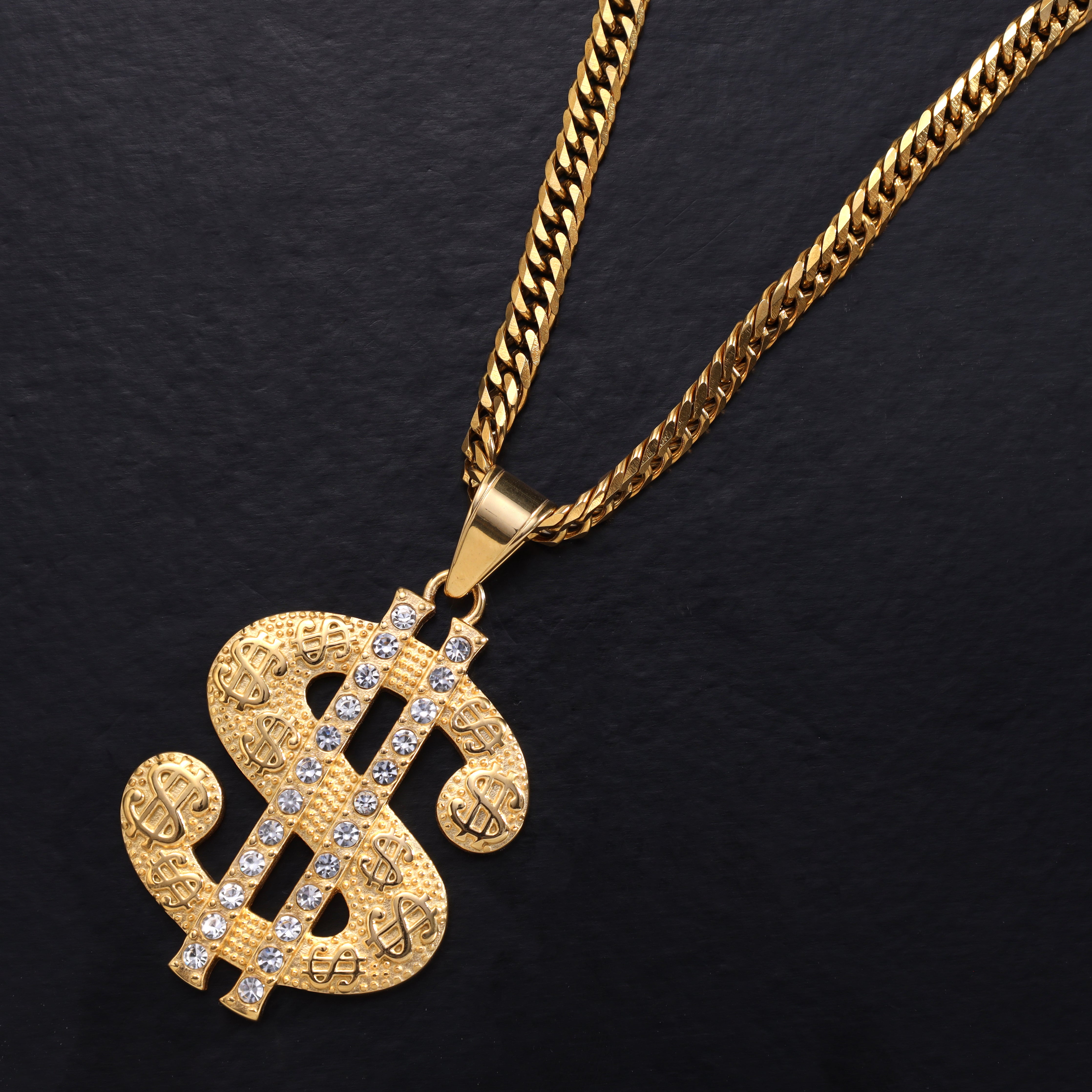 Iced Out Stil Dollar Anhänger aus Edelstahl 18K Vergoldet - Taipan Schmuck