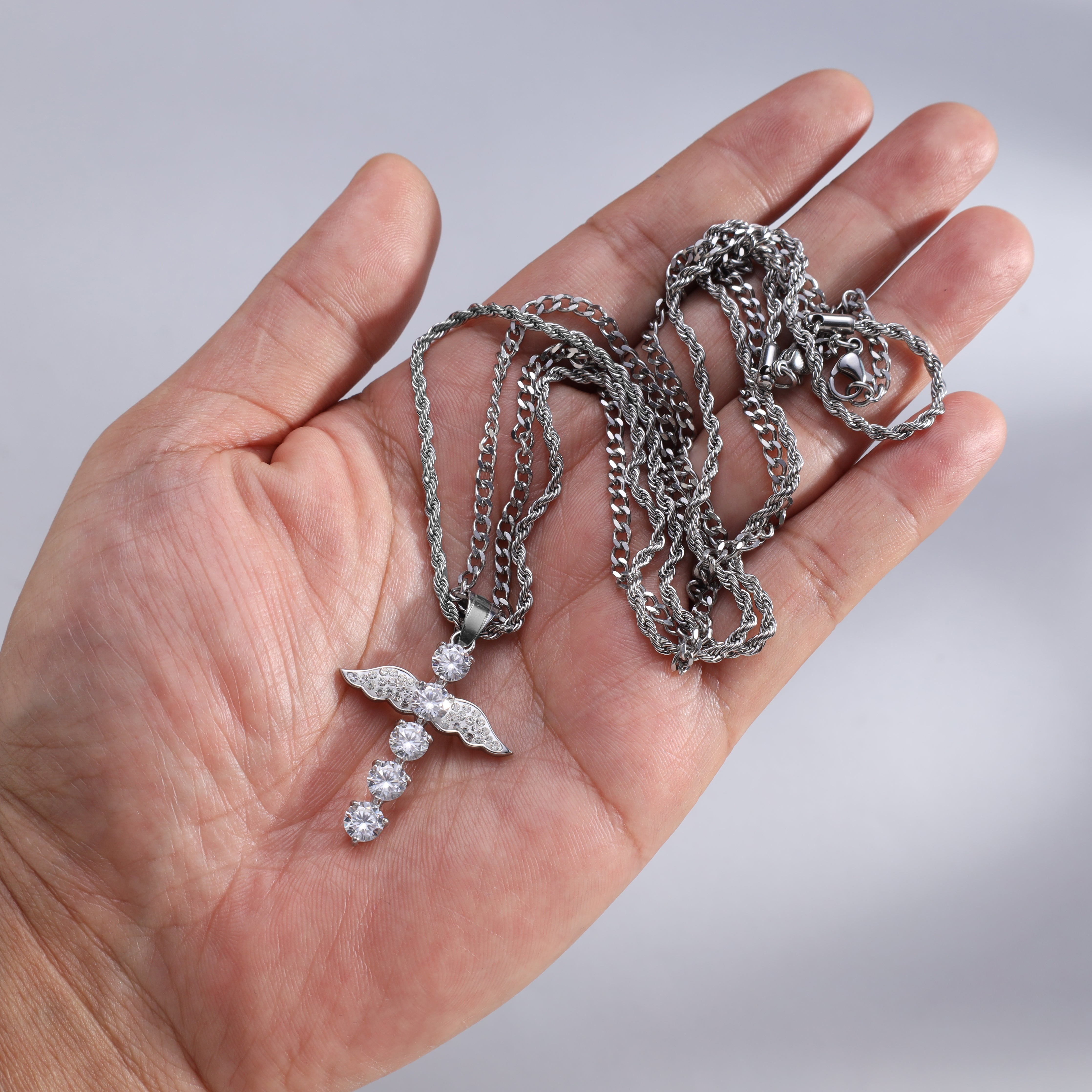 SET Kordelkette + Panzerkette mit Iced out stil Kreuz Anhänger aus Edelstahl - Taipan Schmuck