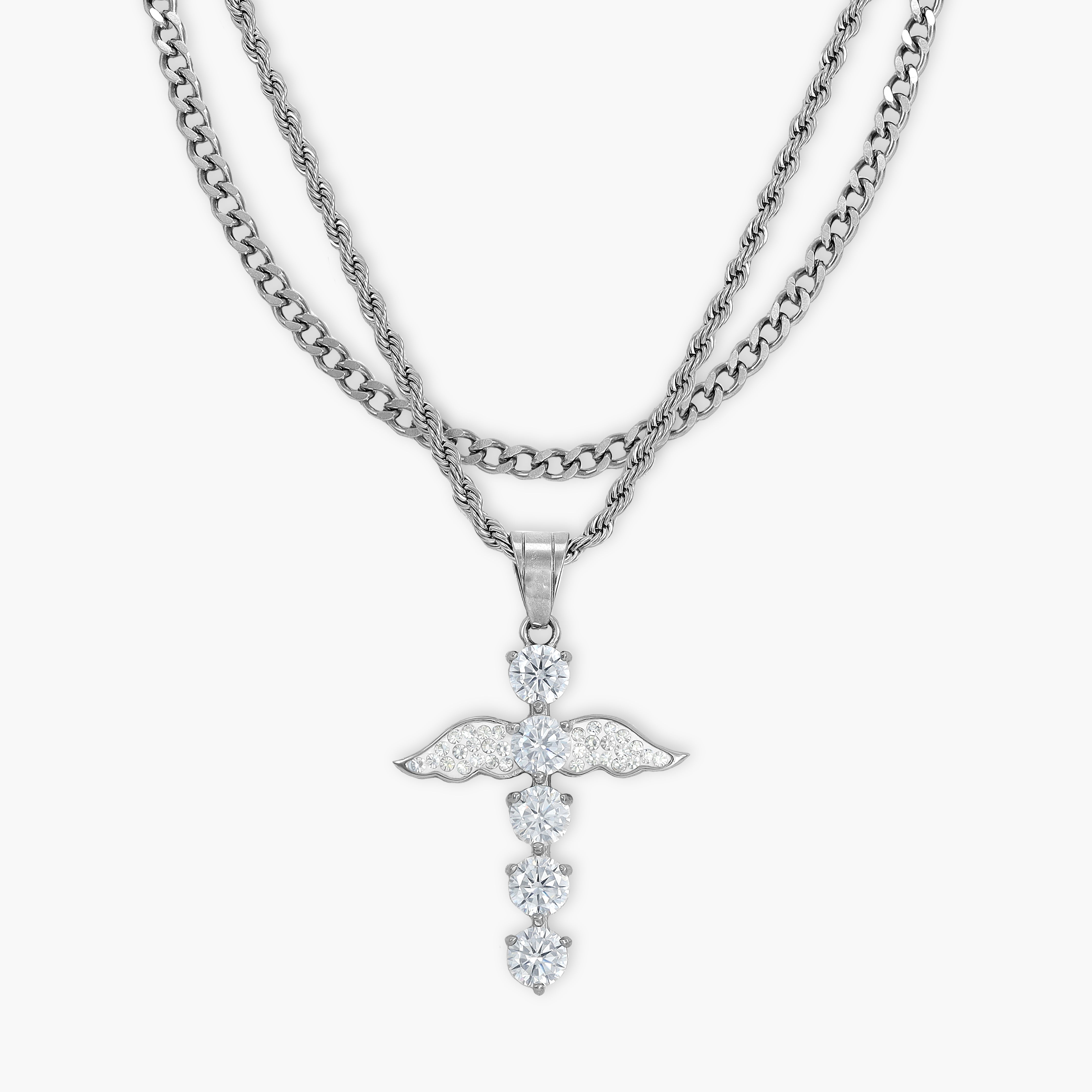 SET Kordelkette + Panzerkette mit Iced out stil Kreuz Anhänger aus Edelstahl - Taipan Schmuck