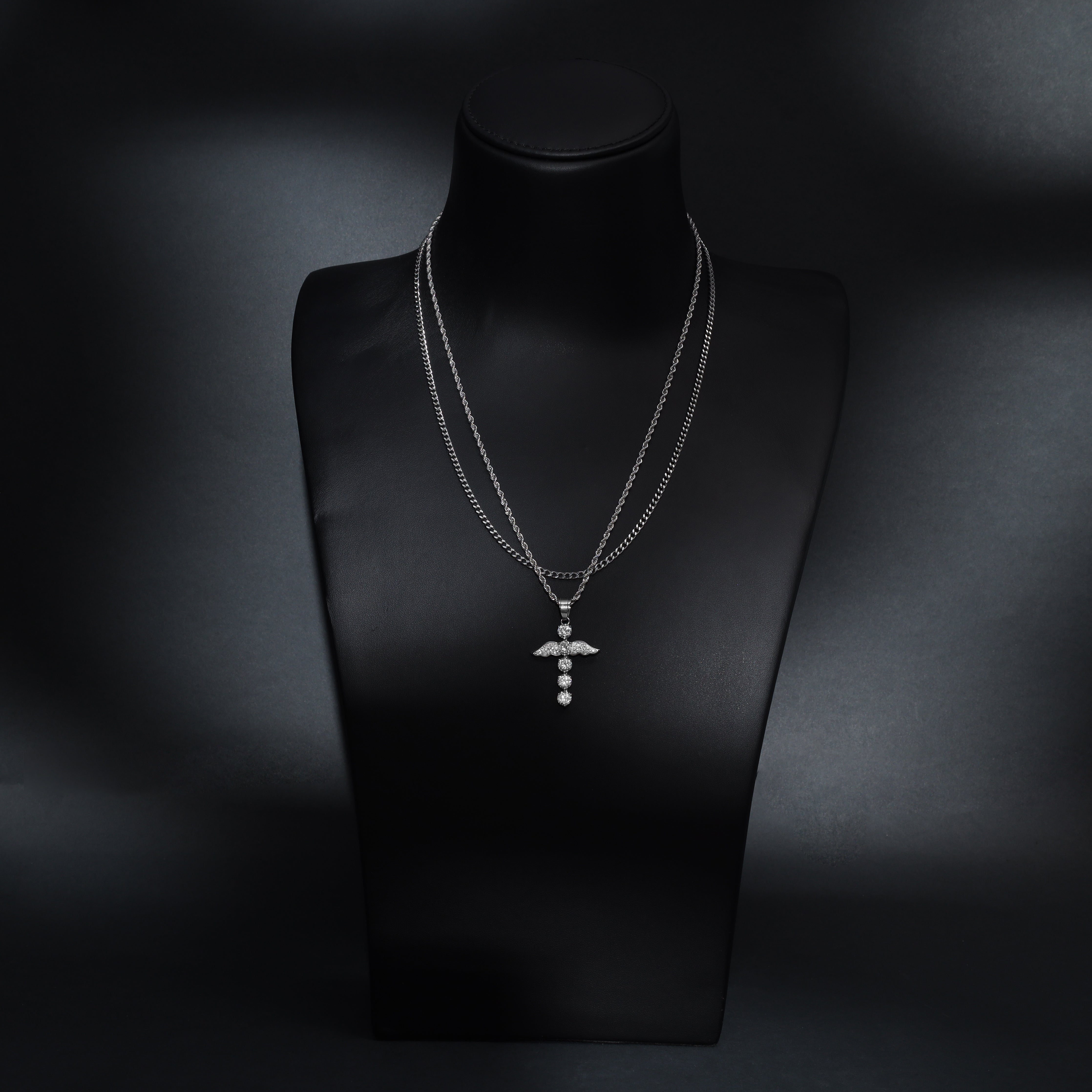 SET Kordelkette + Panzerkette mit Iced out stil Kreuz Anhänger aus Edelstahl - Taipan Schmuck