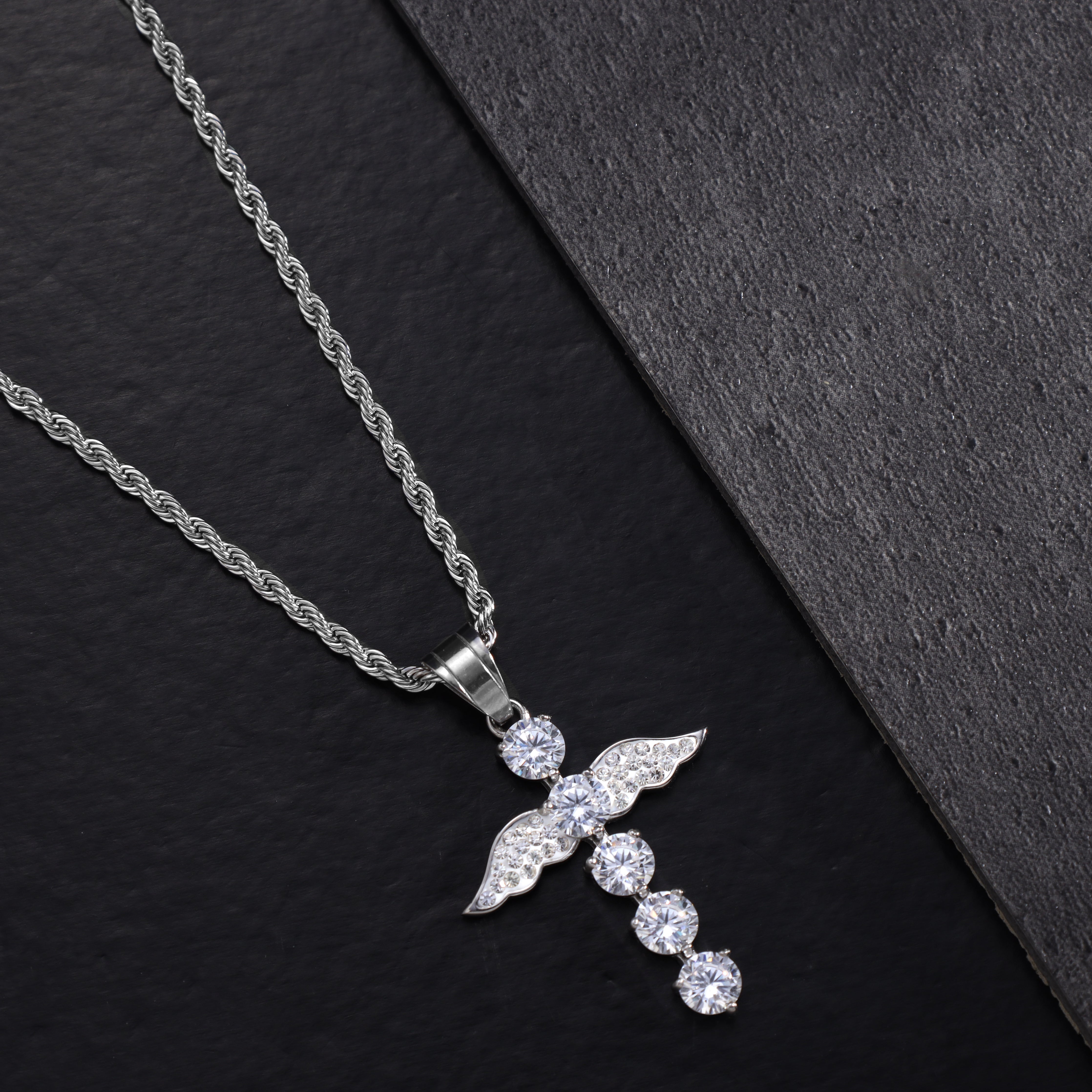 SET Kordelkette + Panzerkette mit Iced out stil Kreuz Anhänger aus Edelstahl - Taipan Schmuck