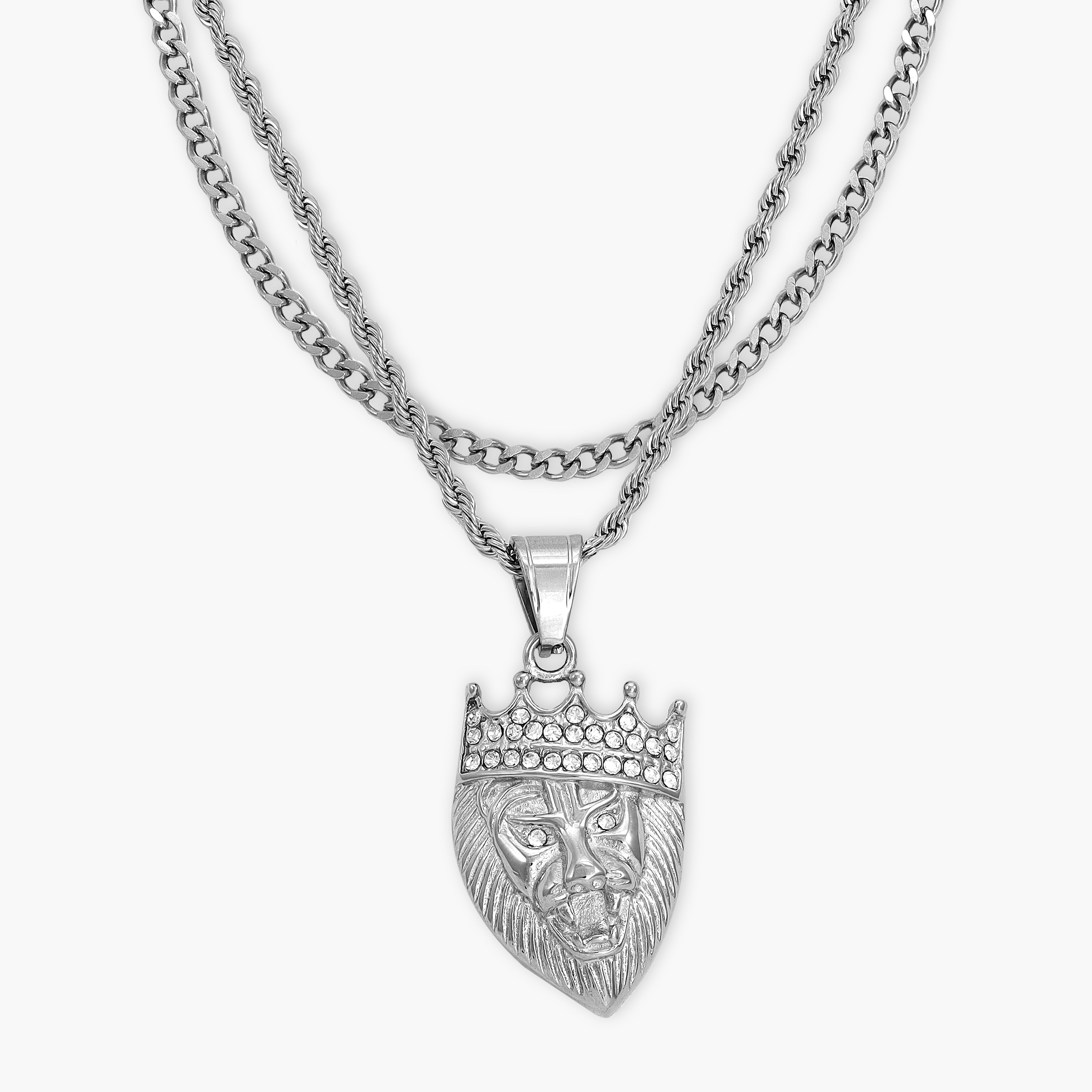 SET Kordelkette + Panzerkette mit Iced out stil Löwe Anhänger aus Edelstahl