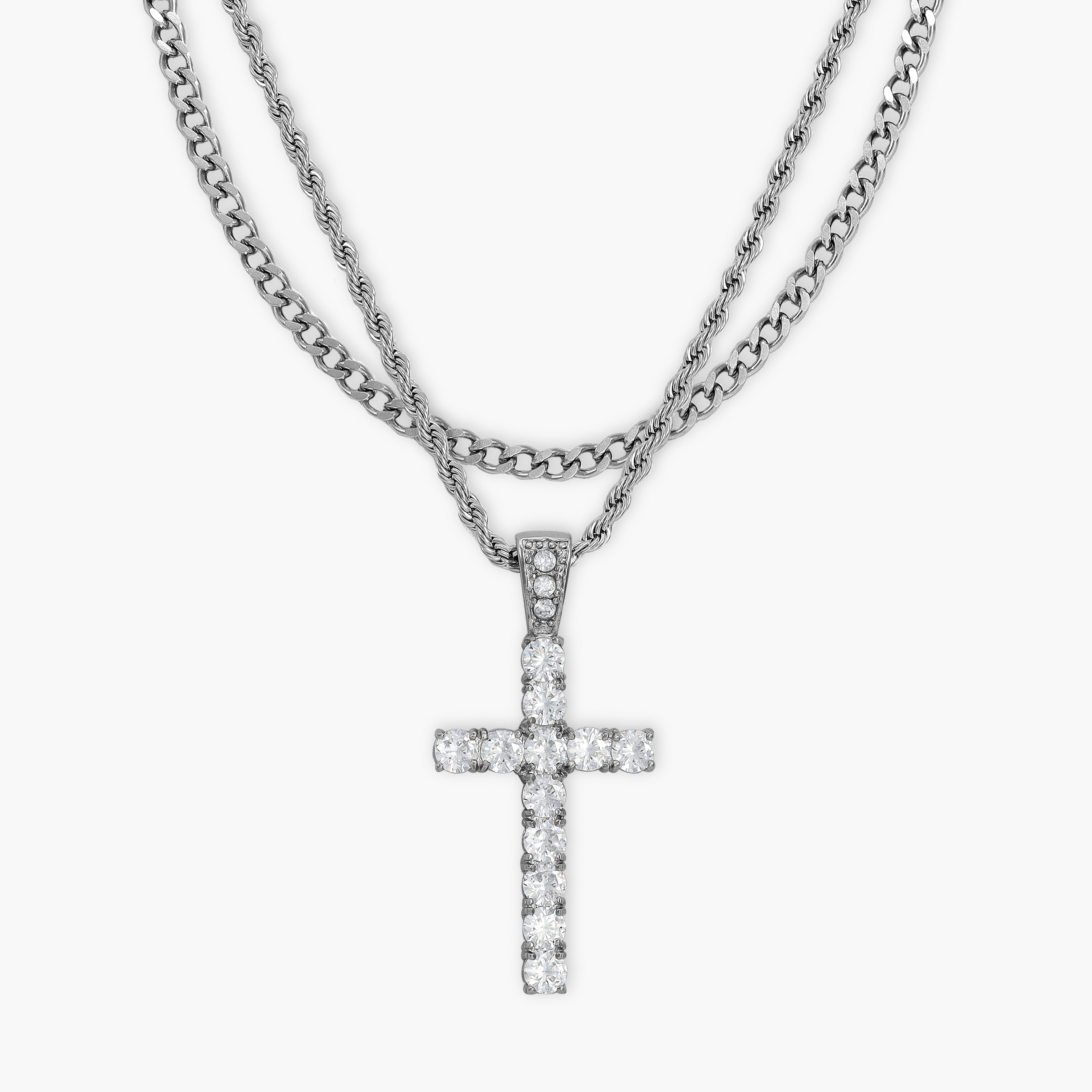 SET Kordelkette + Panzerkette mit Iced out stil Kreuz Anhänger aus Edelstahl - Taipan Schmuck