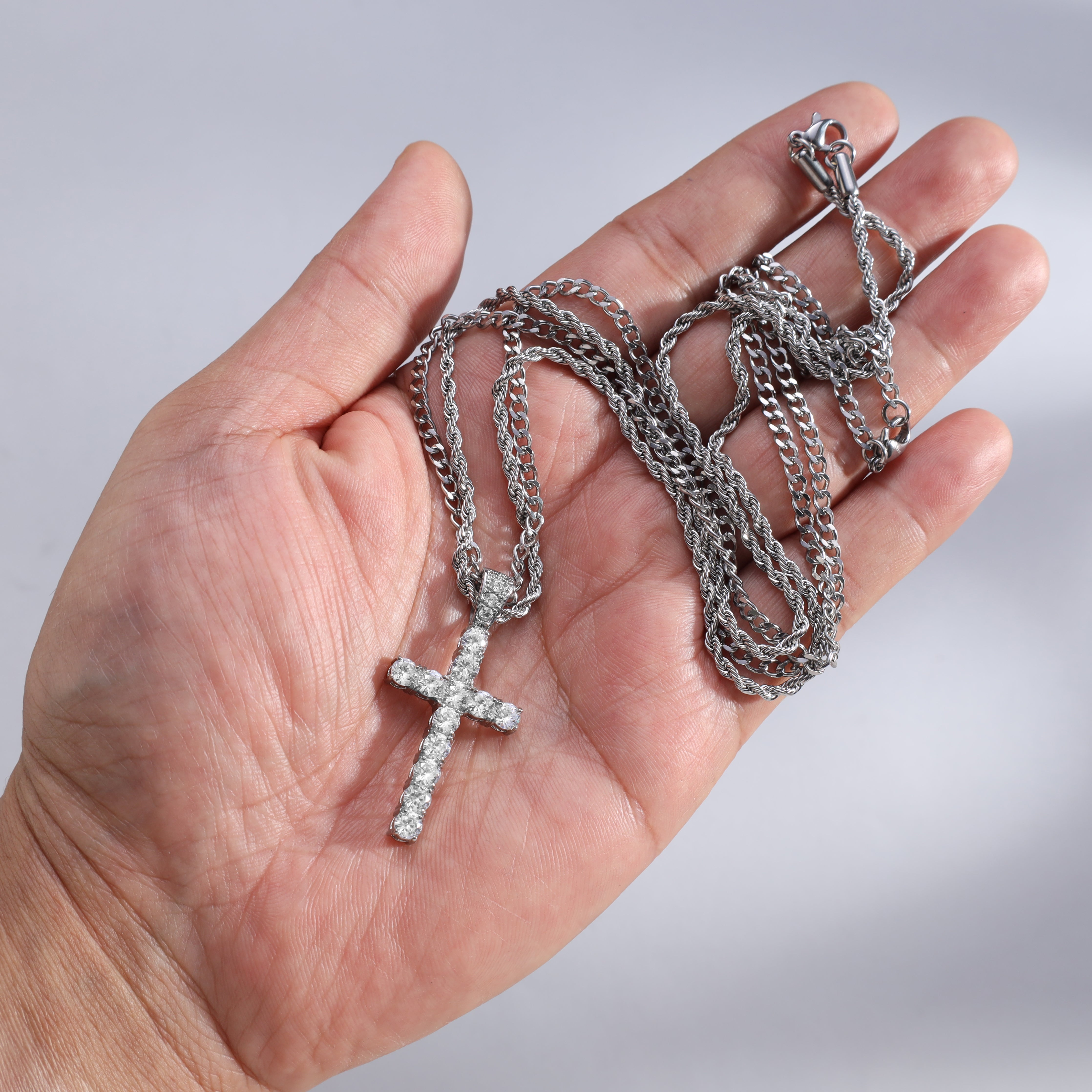 SET Kordelkette + Panzerkette mit Iced out stil Kreuz Anhänger aus Edelstahl - Taipan Schmuck