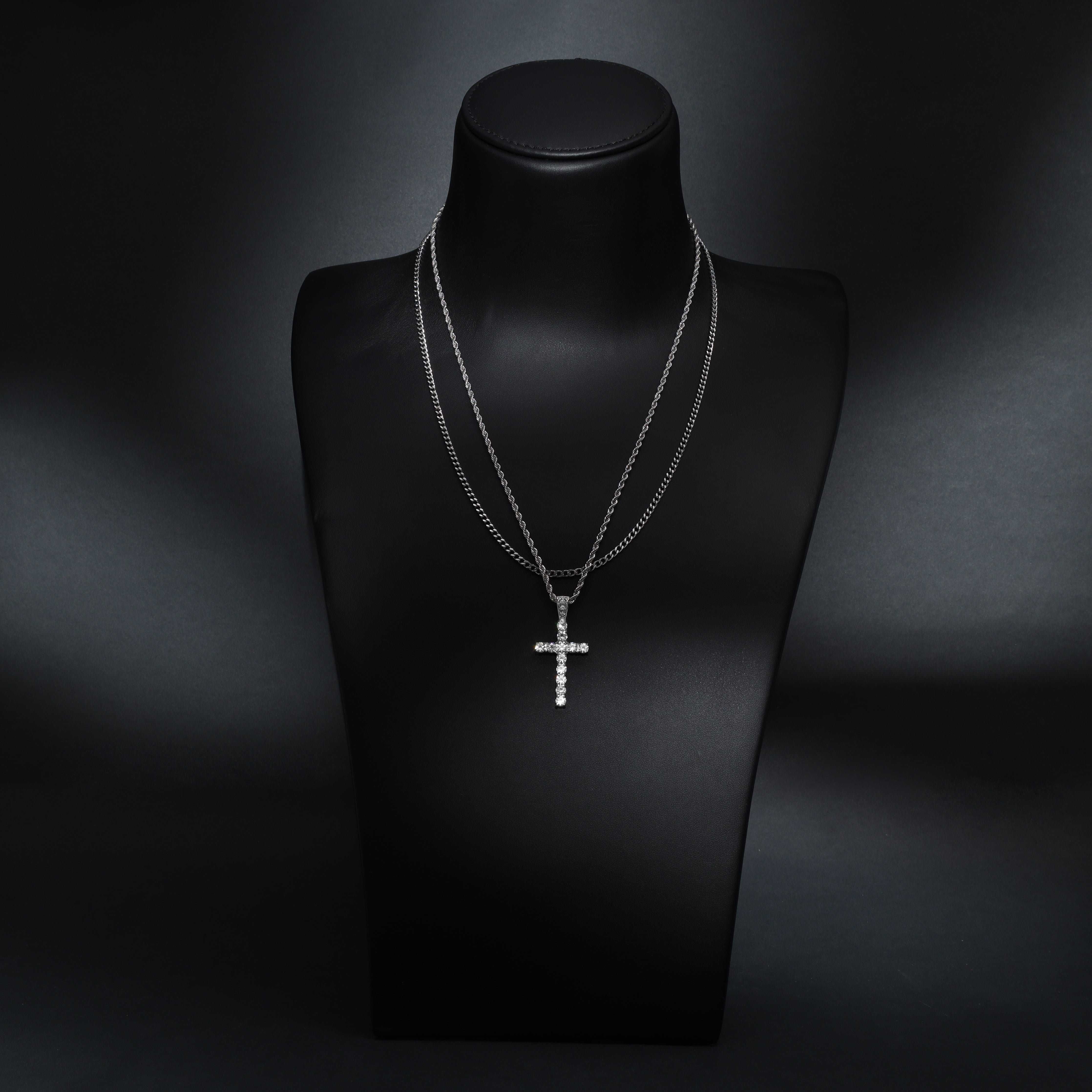 SET Kordelkette + Panzerkette mit Iced out stil Kreuz Anhänger aus Edelstahl - Taipan Schmuck