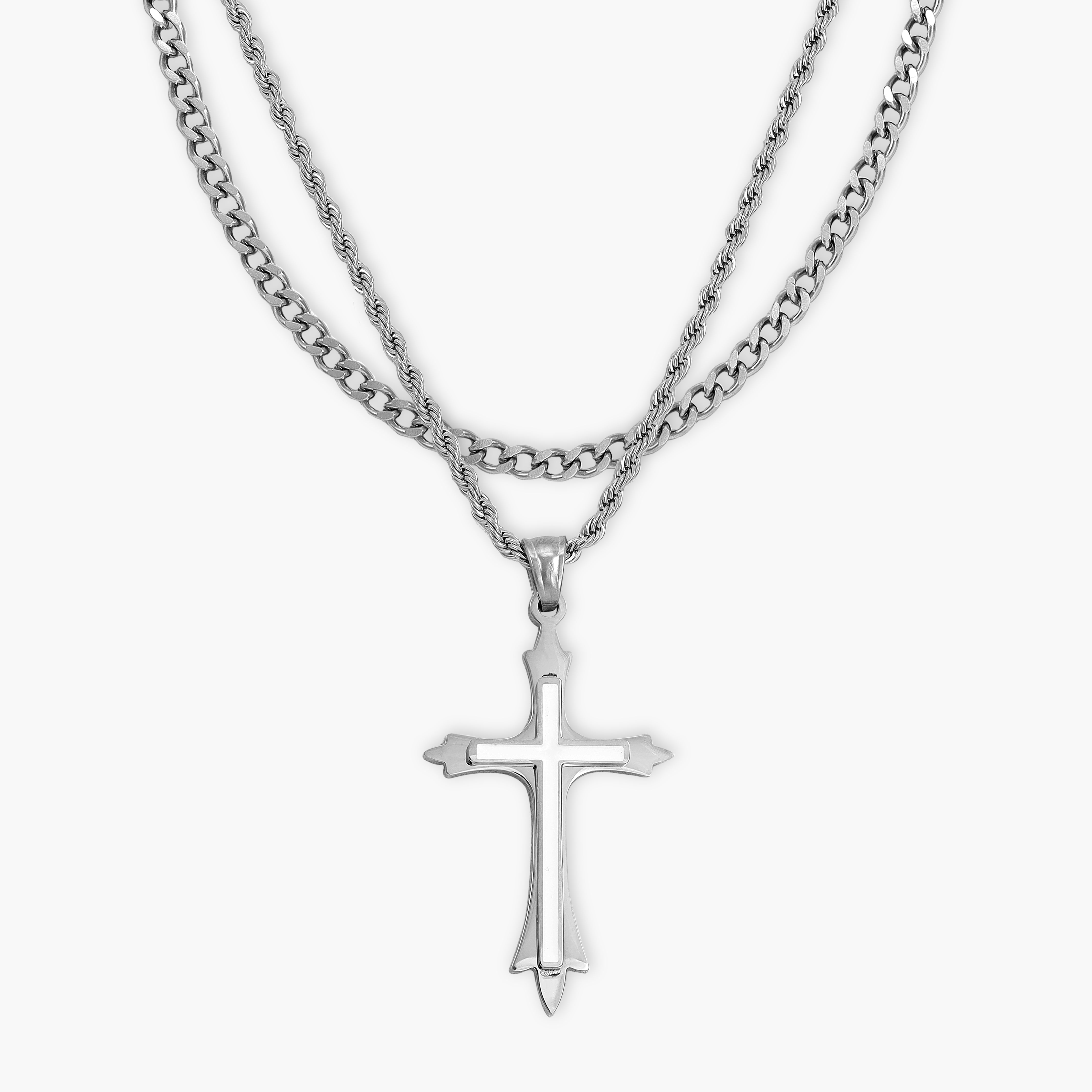 SET Kordelkette + Panzerkette mit Kreuz Anhänger aus Edelstahl - Taipan Schmuck