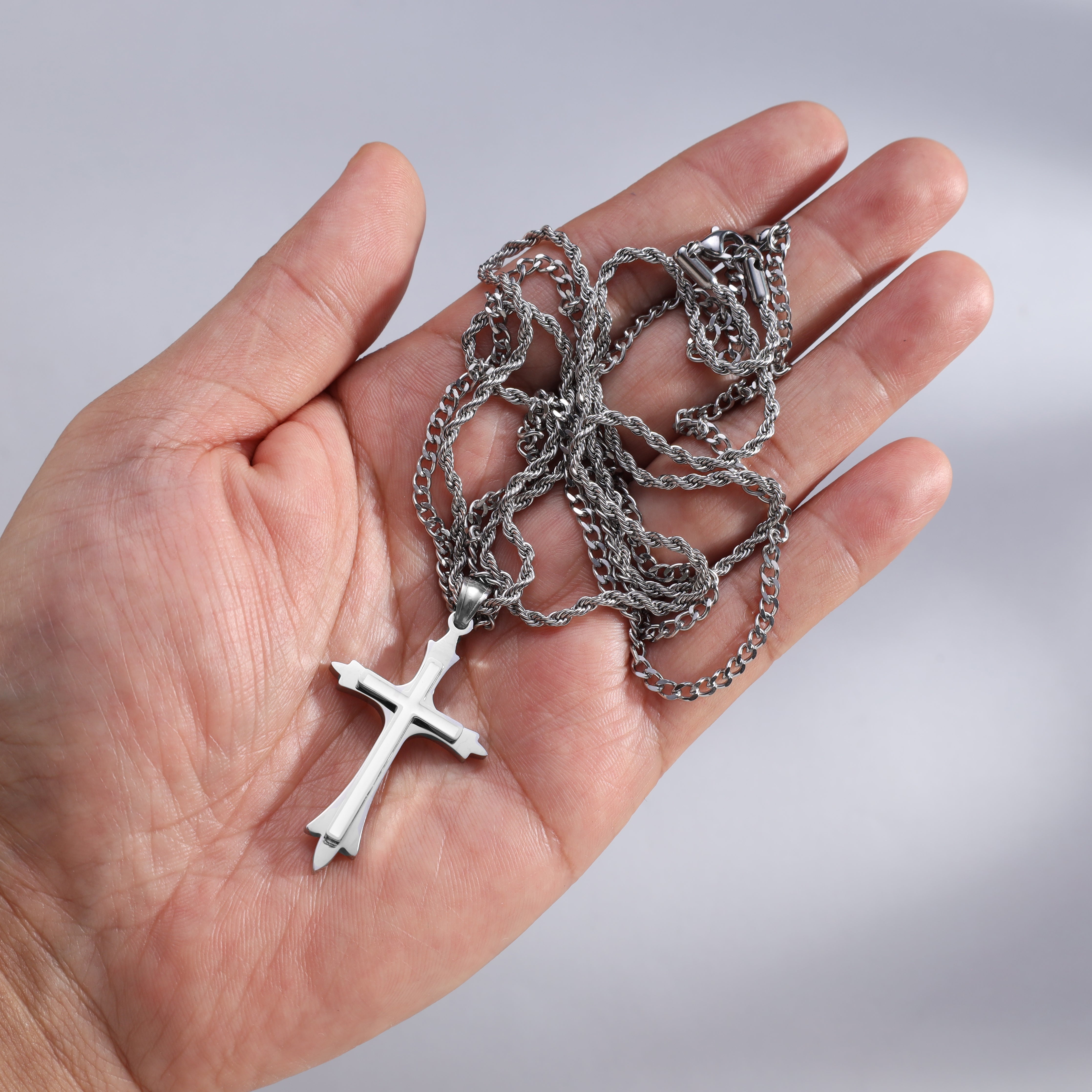 SET Kordelkette + Panzerkette mit Kreuz Anhänger aus Edelstahl - Taipan Schmuck