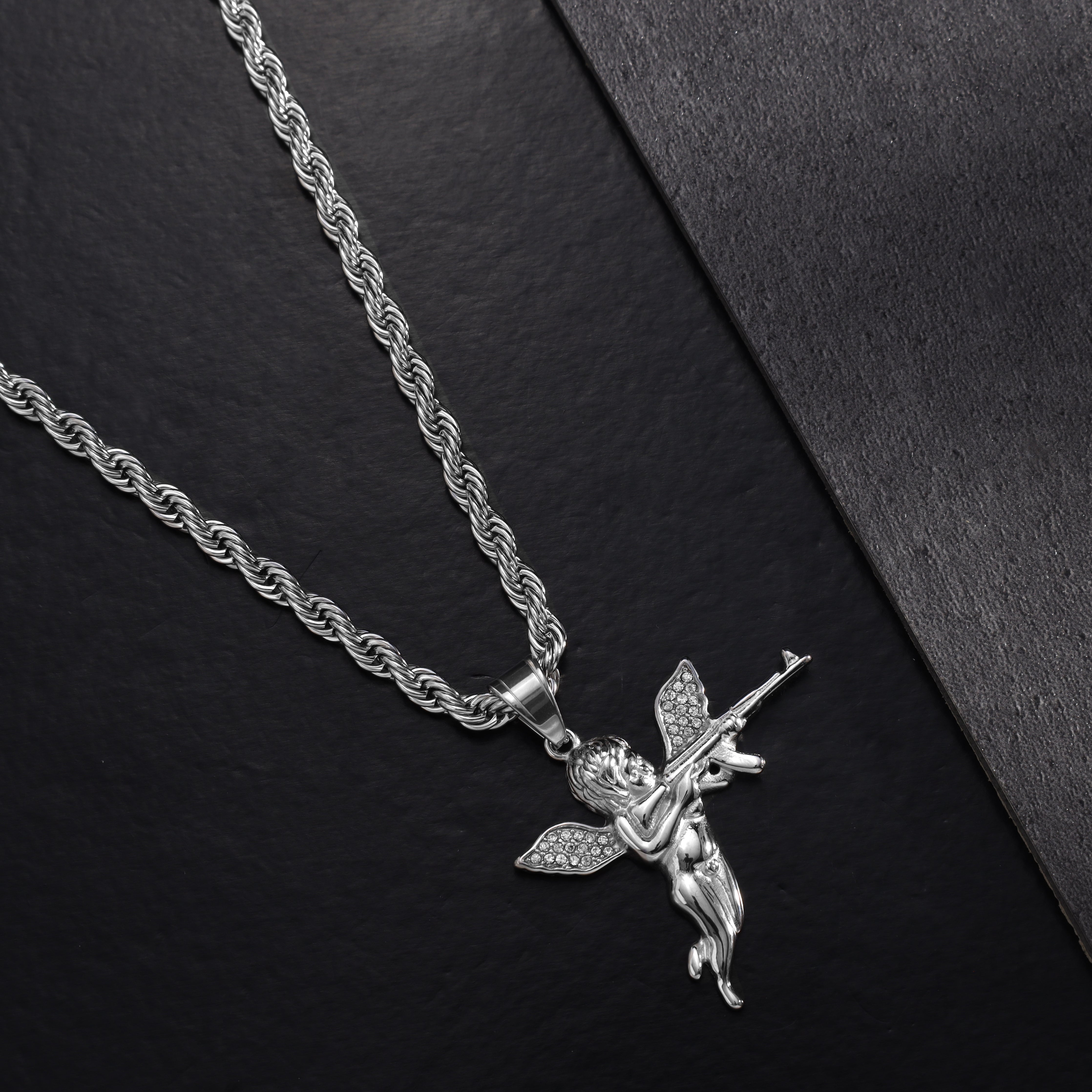 Rope Chain with Iced out style Angel Pendant made of Stainless Steel