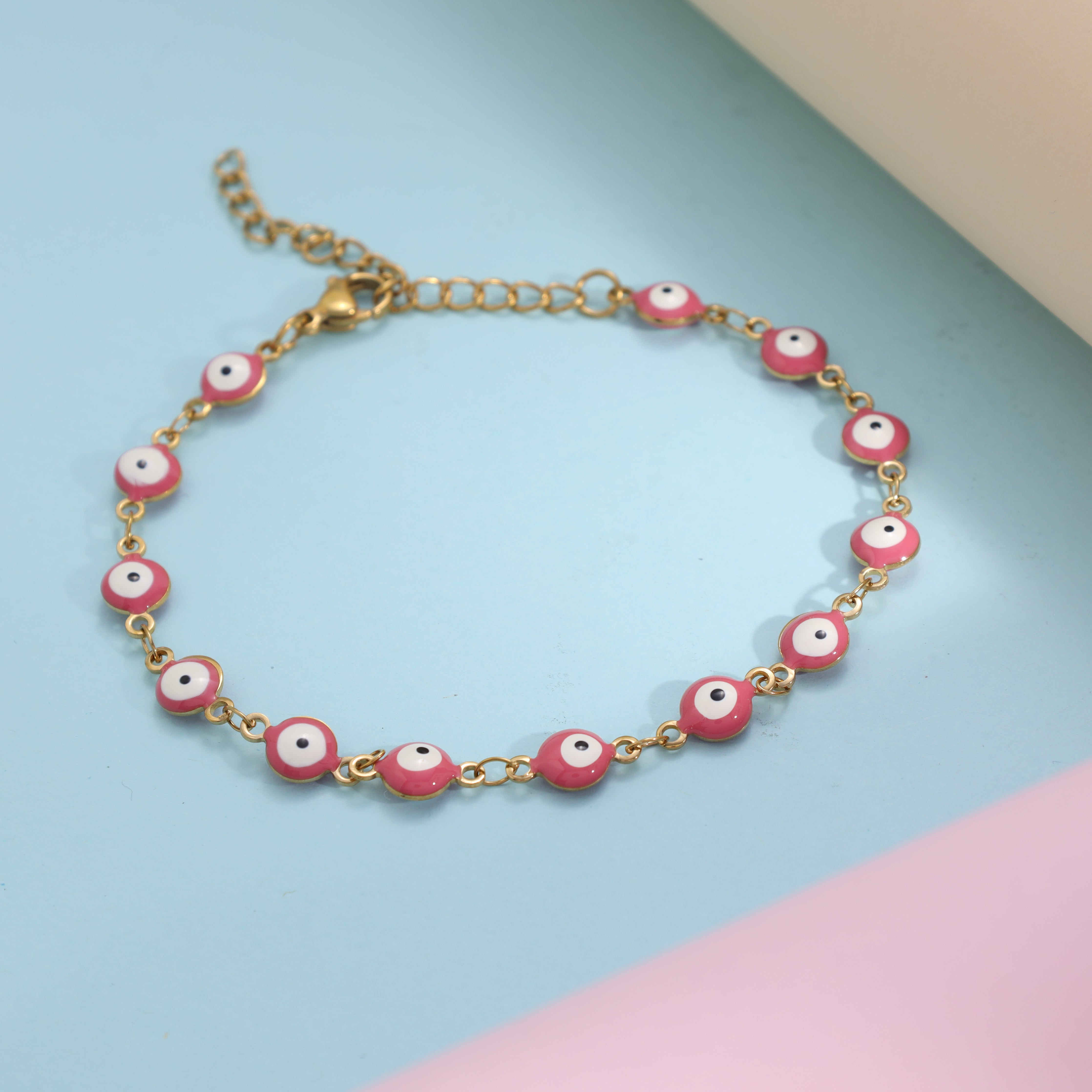 Damen Armband Evil eye Pink 2mm aus Edelstahl 18K Vergoldet - Taipan Schmuck