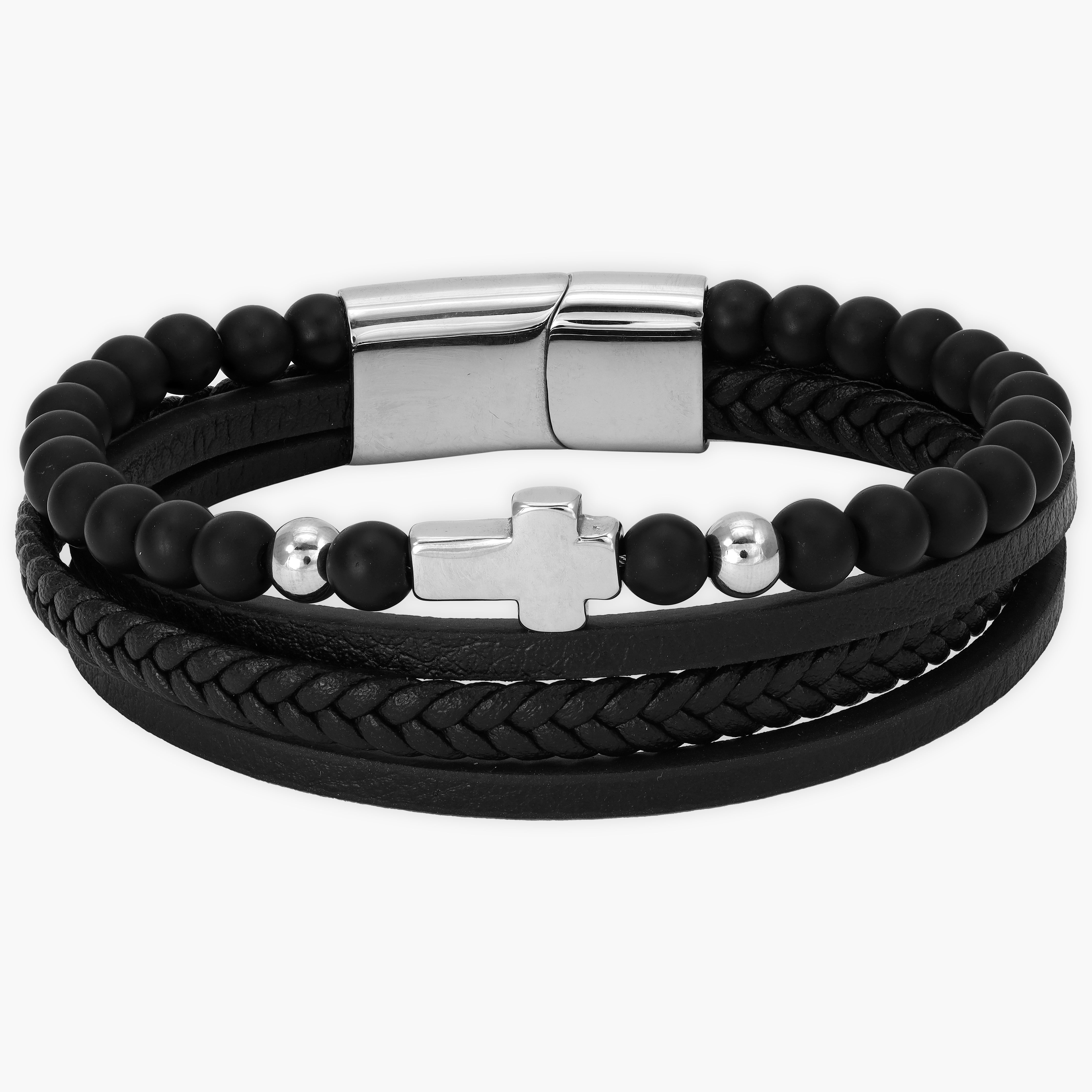 Lederarmband mit Perlen & Kreuz Motiv / Verschluss aus Edelstahl
