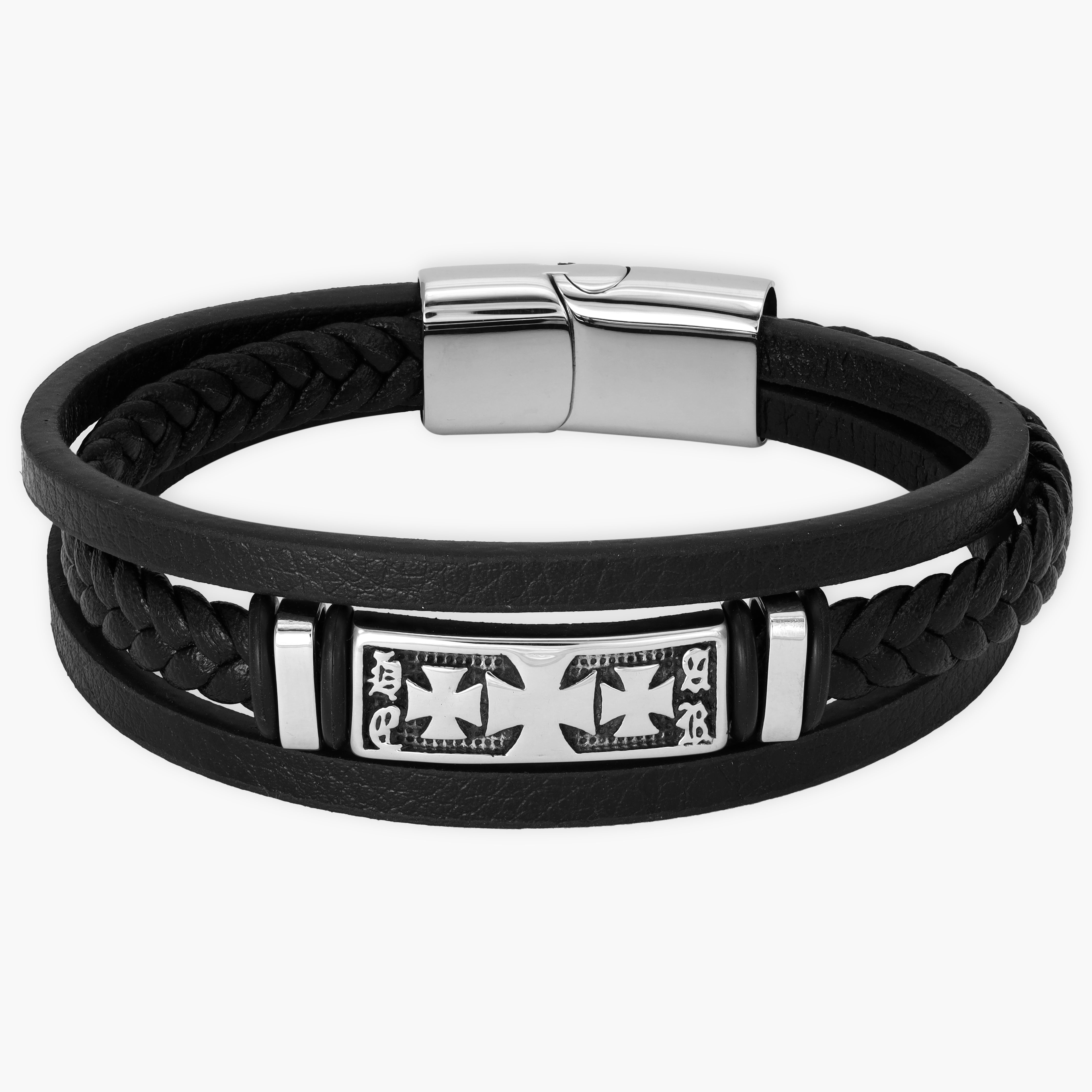 Lederarmband mit Kreuz / Verschluss aus Edelstahl
