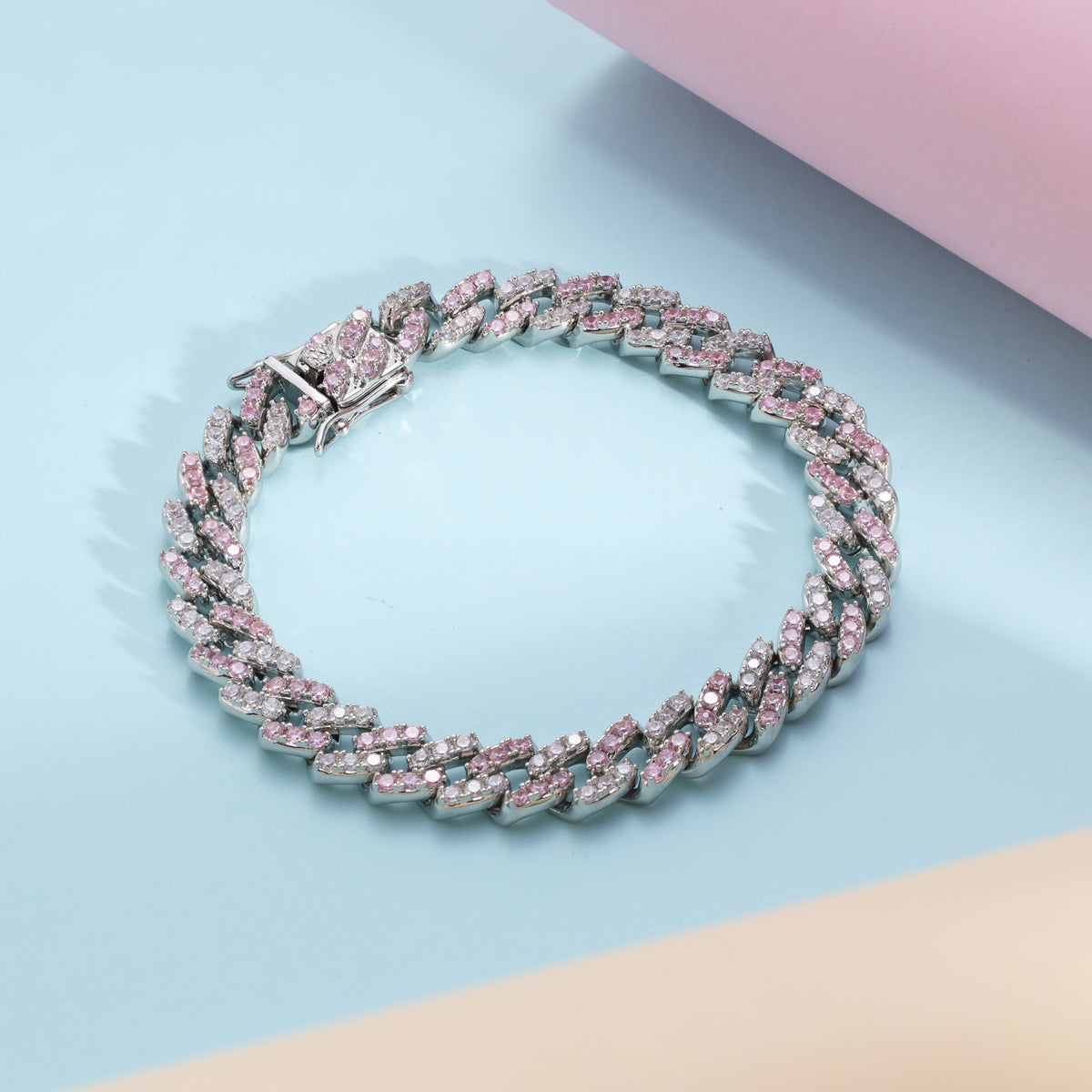 9mm Miami Cuban Armband Iced Out bicolor rosa weiß - Taipan Schmuck
